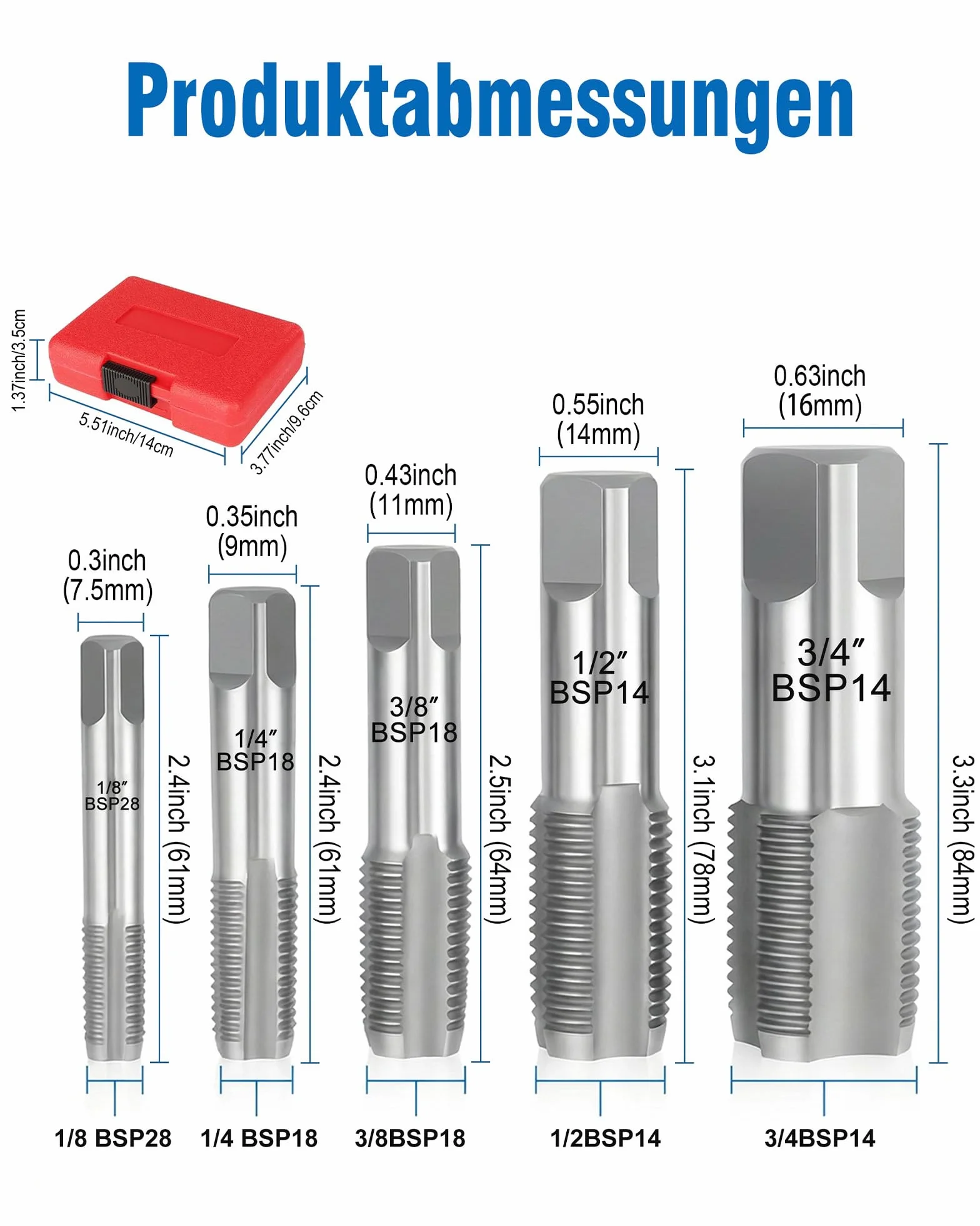 Set di 5 trapani per filettature di tubi BSP: 1/8 pollici, 1/4 pollici, 3/8 pollici, 1/2 pollici, 3/4 pollici filettatura interna ed esterna, utensile di riparazione per tubi metallici con