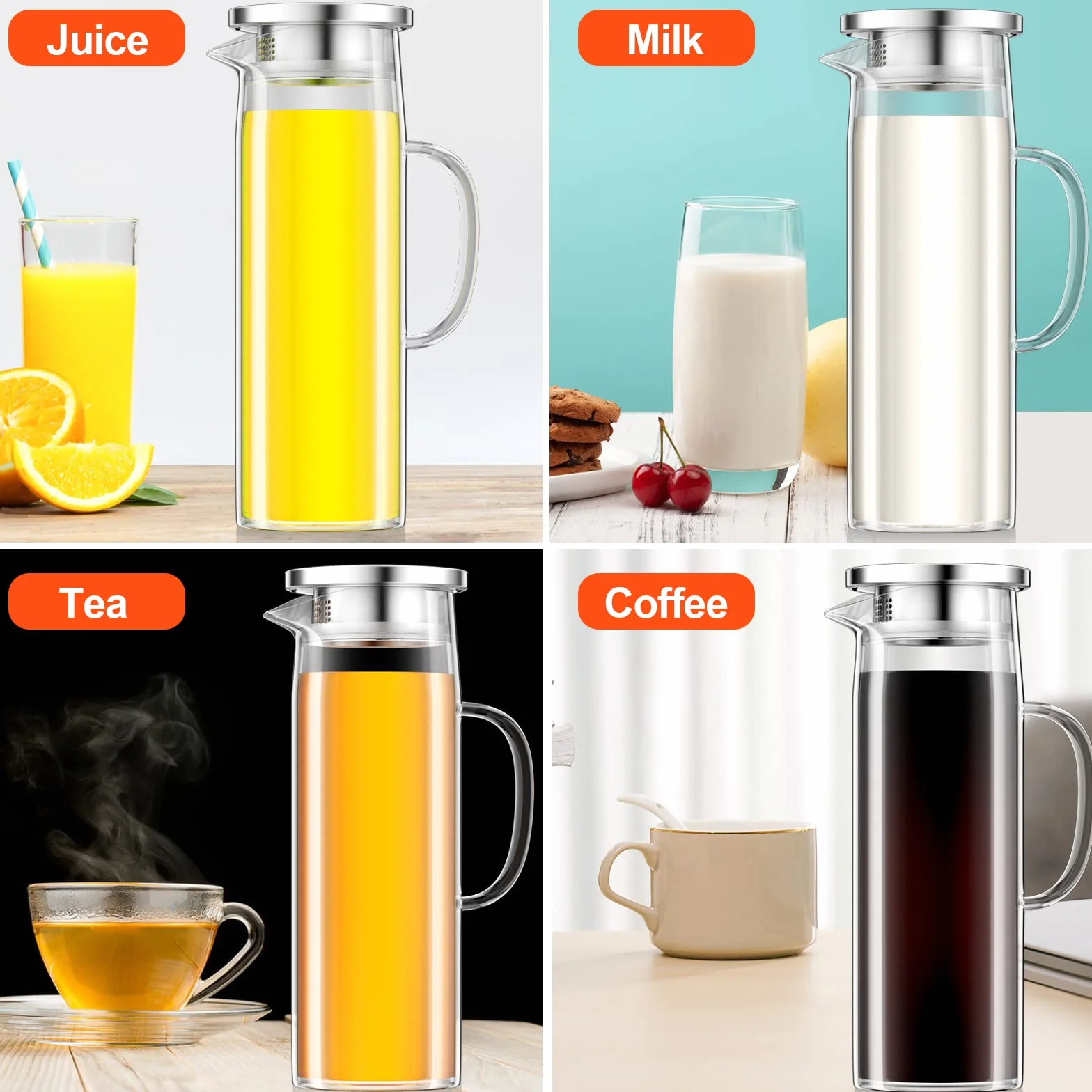 Caraffa 1.5L in Vetro Borosilicato Trasparente Resistente al Calore con Coperchio