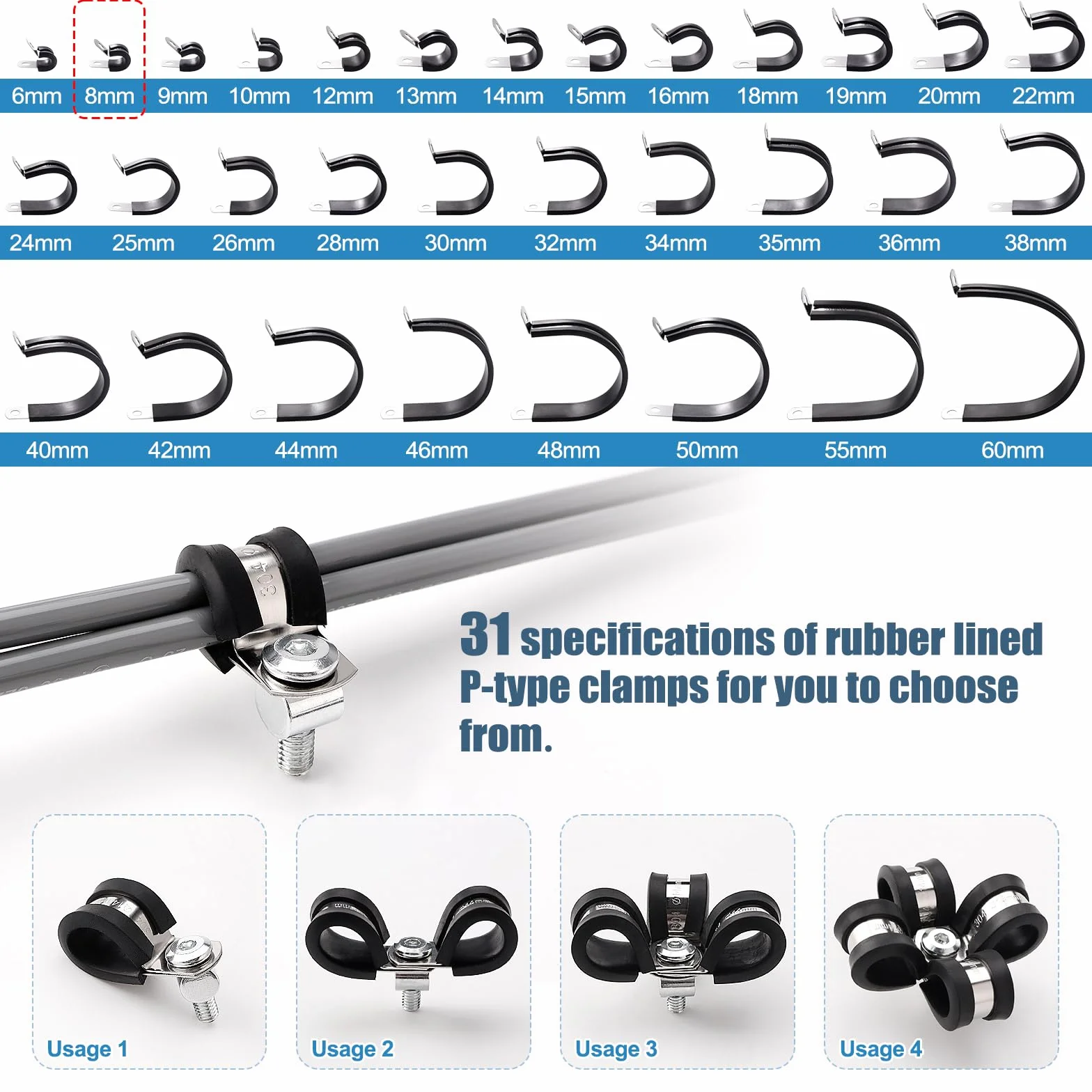 20 Pezzi 8mm Clip a P Rivestite in Gomma, Fascette Stringitubo in Gomma, Morsetto a P in Acciaio Inox 304, per Fissare Tubi e Cavi