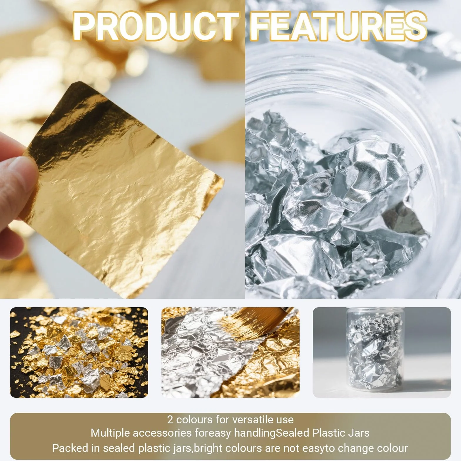 Adesivo per Foglia d'oro, Colla per Foglia d'oro,100 ml di Colla per lamiere a Base d'Acqua e 100 ml di Vernice, Foglia 100 Pezzi, per Lavori Manuali Pittura, Decorazione da Parete Gold Leaf