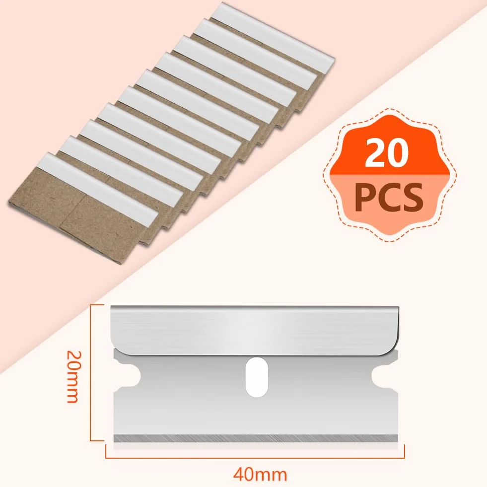 Flintronic 20 Pezzi Lame di Ricambio per Raschietti, per da 40mm Raschietti, Lame a in Acciaio Inox, per Pulito, per Vetro per Cucina e casa, Colla, Colore, Decalcomanie, Piano Cottura e Forno