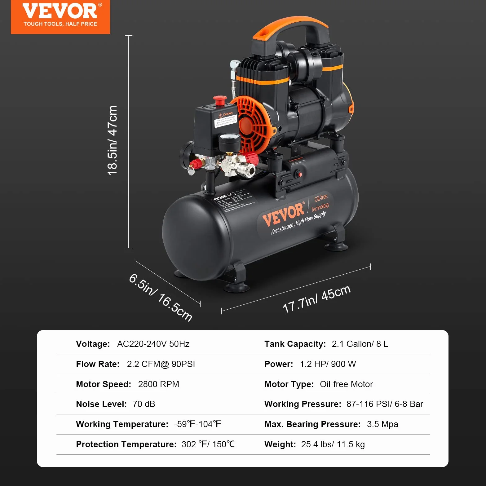 VEVOR Compressore d'Aria a Secco Portatile 8L, Senza Olio, Motore 900W, Velocità 2800 giri/min, per Aerografo Inchiodatura, Rumore 70dB 2 Silenziatori, Temperatura -50℃ - 40℃