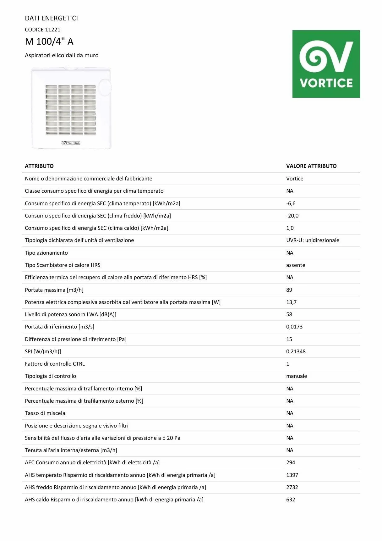Vortice M 100/4" A Aspiratore Bagno Cucina Elicoidale Muro 100 mm Ventilatore Assiale Resina UV Resistant Motore Termicamente Protetto