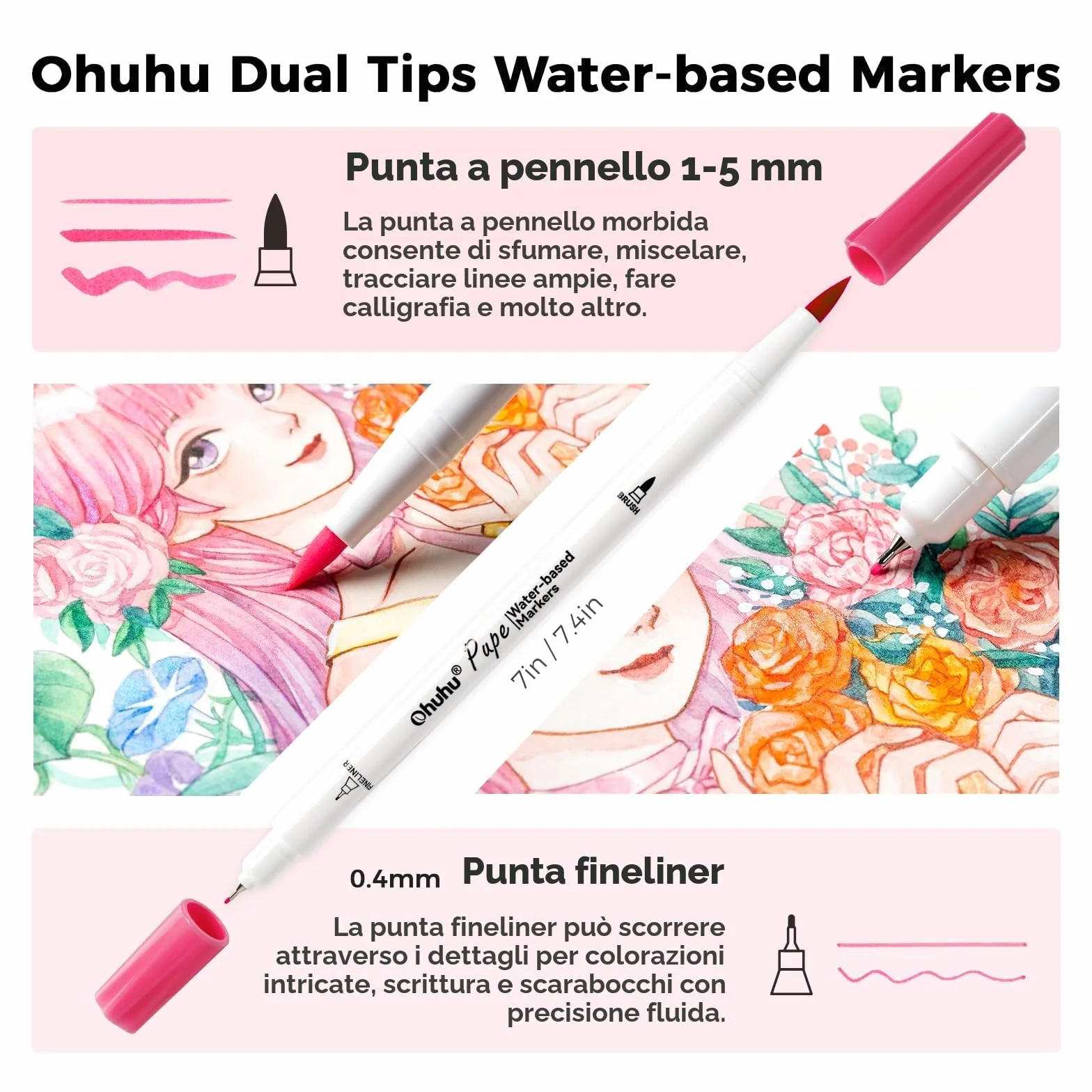 Ohuhu Pennarelli a Base d'Acqua 60 Colori - Inchiostro Amico della Carta, Brush Pen Doppia Punta (Pennello + Fineliner) - Marker Pennarelli Per Adulti, Calligrafia e Disegno, Serie Pupe