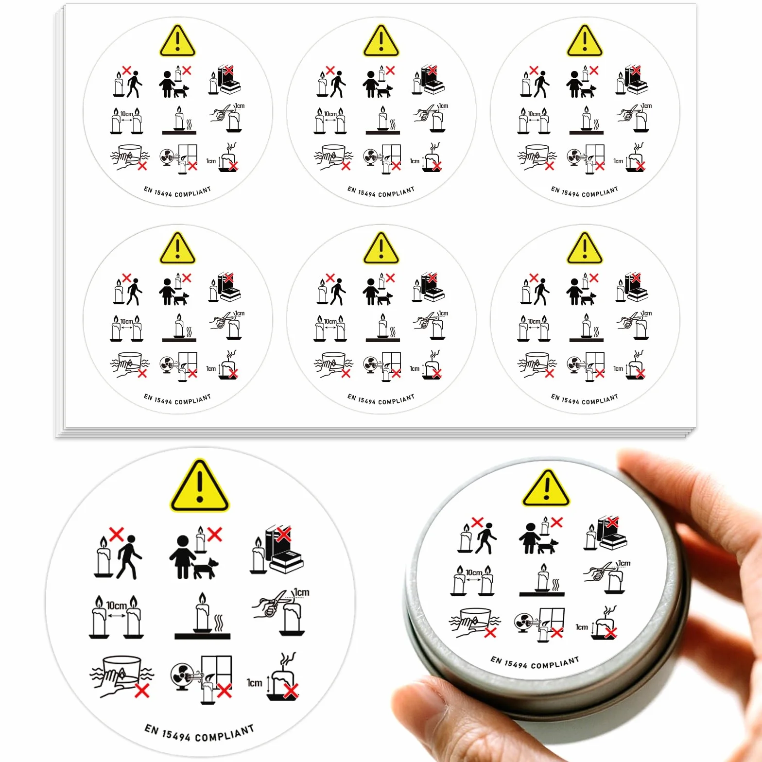 300 Pezzi Adesivi di Avvertenza per Candele (38mm) | Icone di Sicurezza Standardizzate EN 15494 | Etichette Professionali non Verbali per Produttori di Candele | PET Resistente al Calore