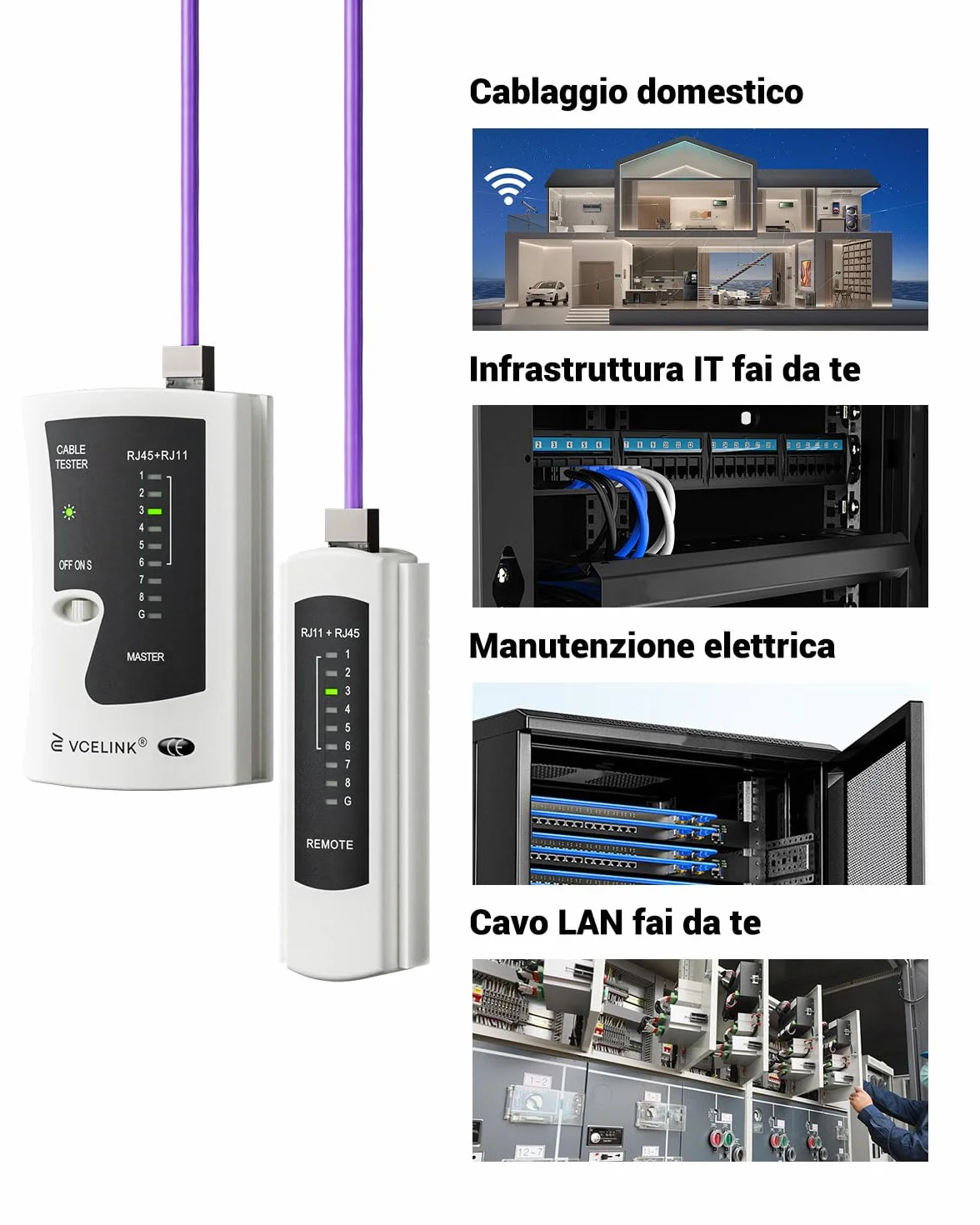 VCELINK Tester Cavi di Rete RJ45 Professionale POE, Test Ethernet per RJ45/RJ11/RJ12, Grigio