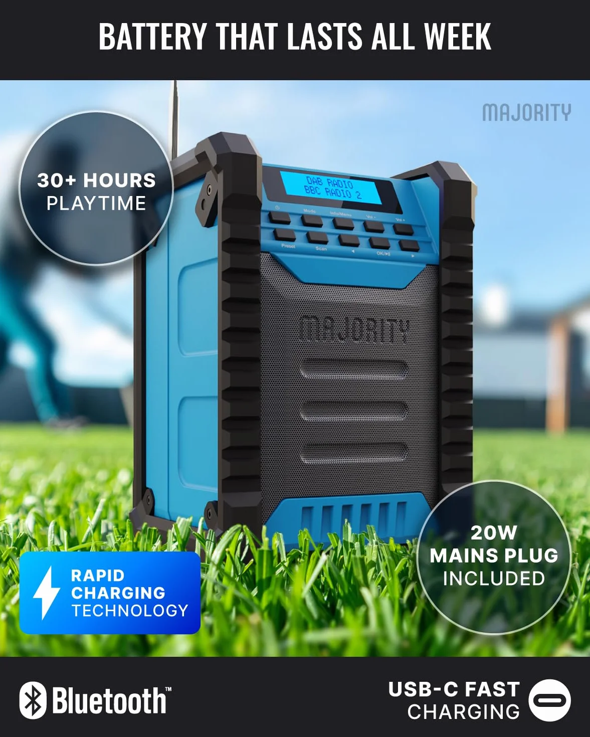 MAJORITY Landbeach radio da cantiere portatile | Batteria da 10.000 mAh DAB/DAB+ & FM radio ricaricabile con Bluetooth | Grado di protezione IP54 contro polvere e acqua.