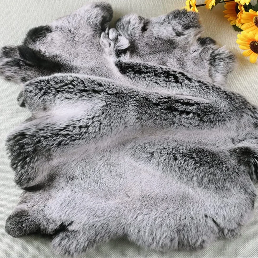 Vera pelliccia di coniglio Rex conciata naturalmente, pelle di animale domestico, pelle di alta qualità, punta bianca su nero, ca. 41,9 x 26,7 cm