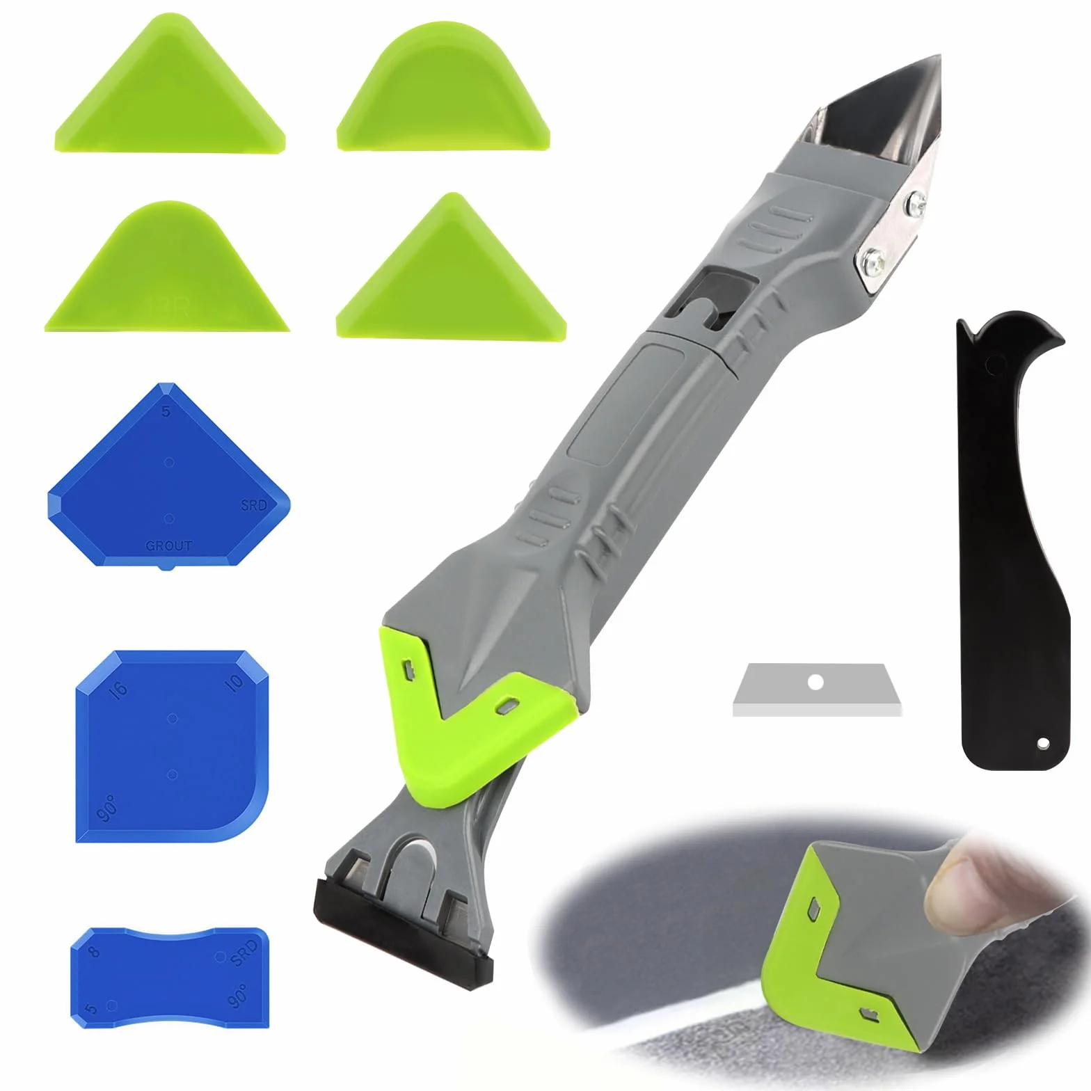 Kit Strumenti per Calafataggio Silicone 5 in 1, Spatola Sigillante Professionale Con 5 Cuscinetti Sostituibili per Finestra, Cucina, Bagno