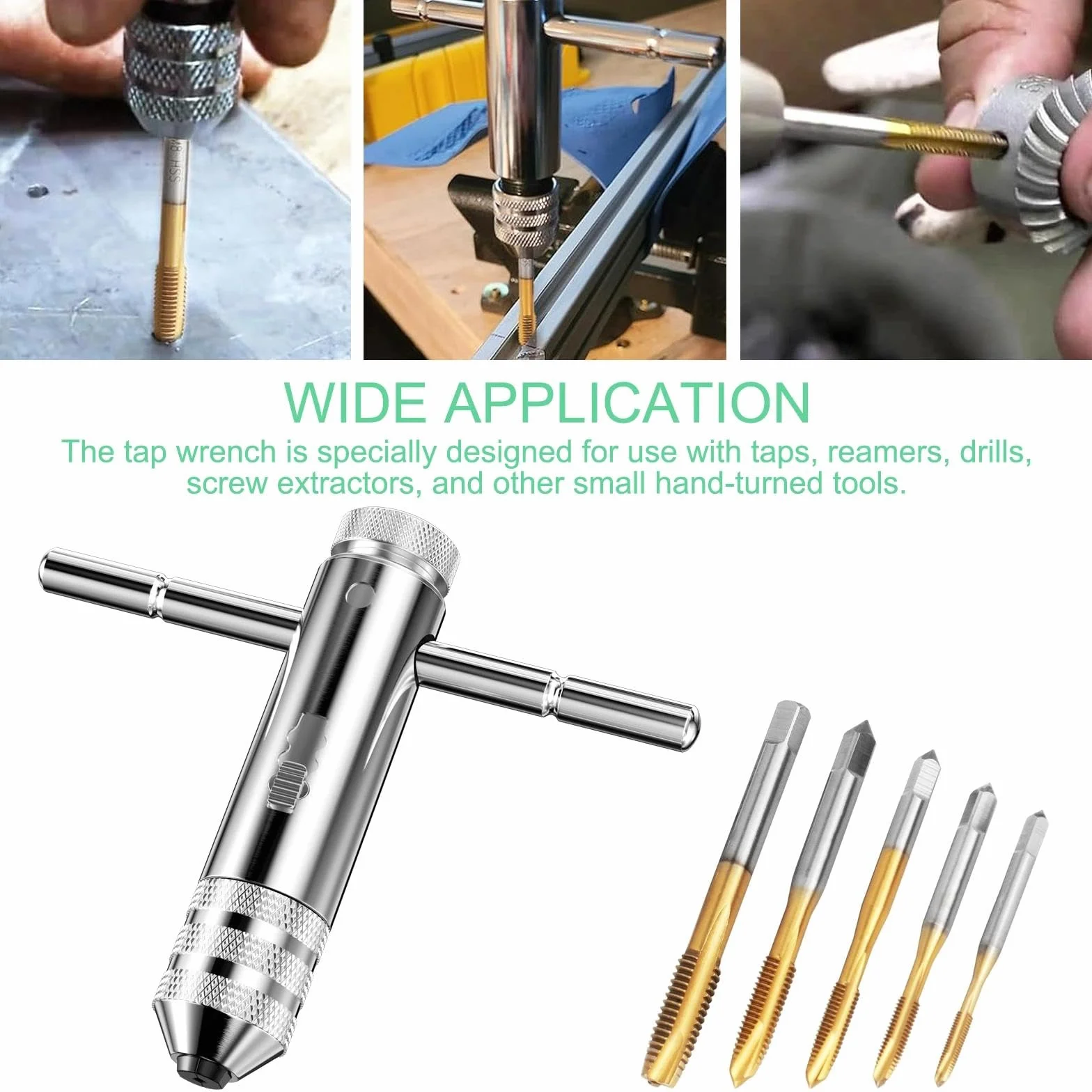 Set di Chiave a Cricchetto, 5 Pezzi Maschi per Filettatura M3/ M4/ M5/ M6/ M8 + 1 Pezzi Giramaschi a T, Filettatrice Manuale Regolabile, Maschi per Filettare con Rivestimento in Titanio
