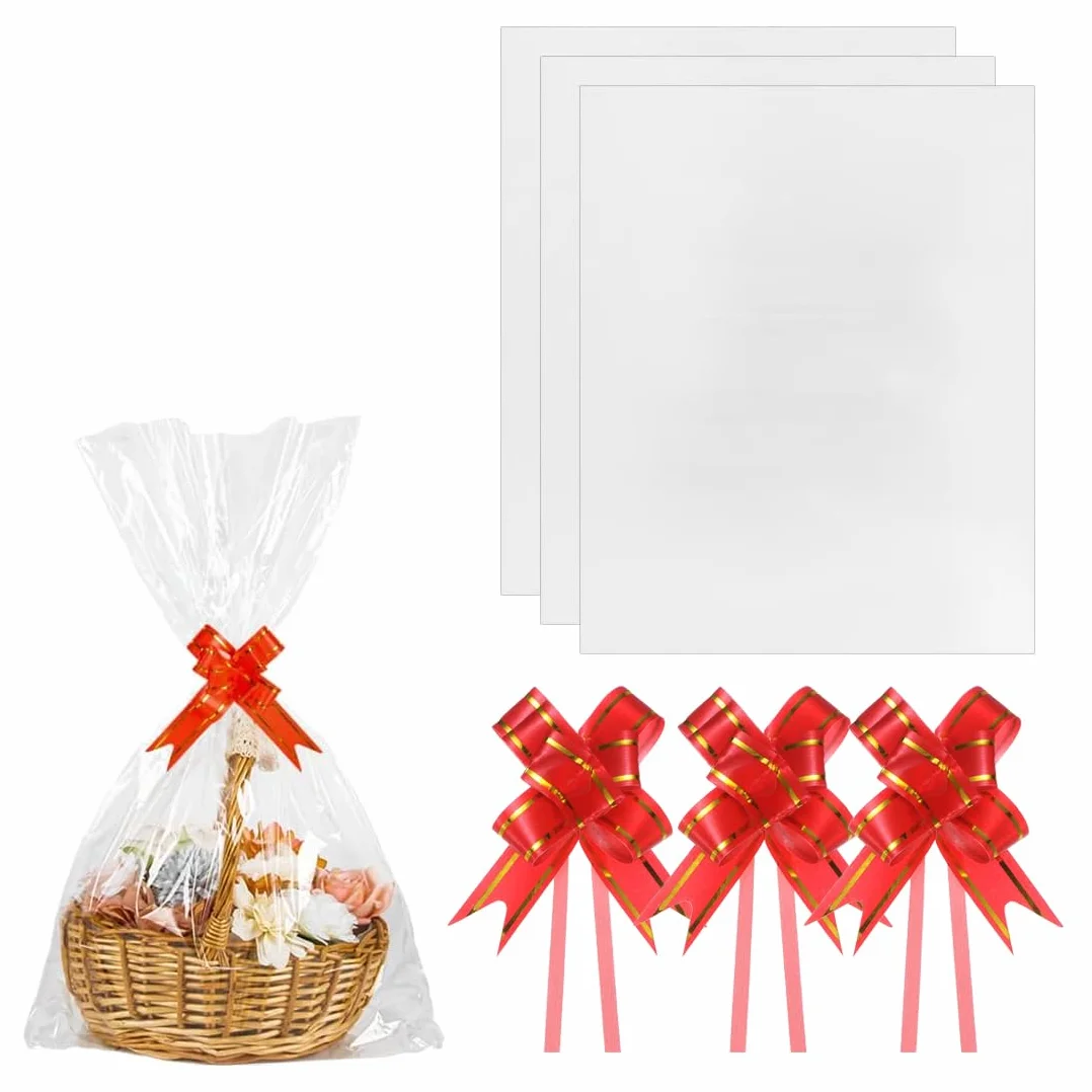 3 Pezzi Grandi Sacchetti di Cellophane con 3 Fiocchi Decorativi, Carta Trasparente per Regali, Cesti, Fiori, Artigianato, Dolci, Matrimonio (70x100cm) (Trasparente)