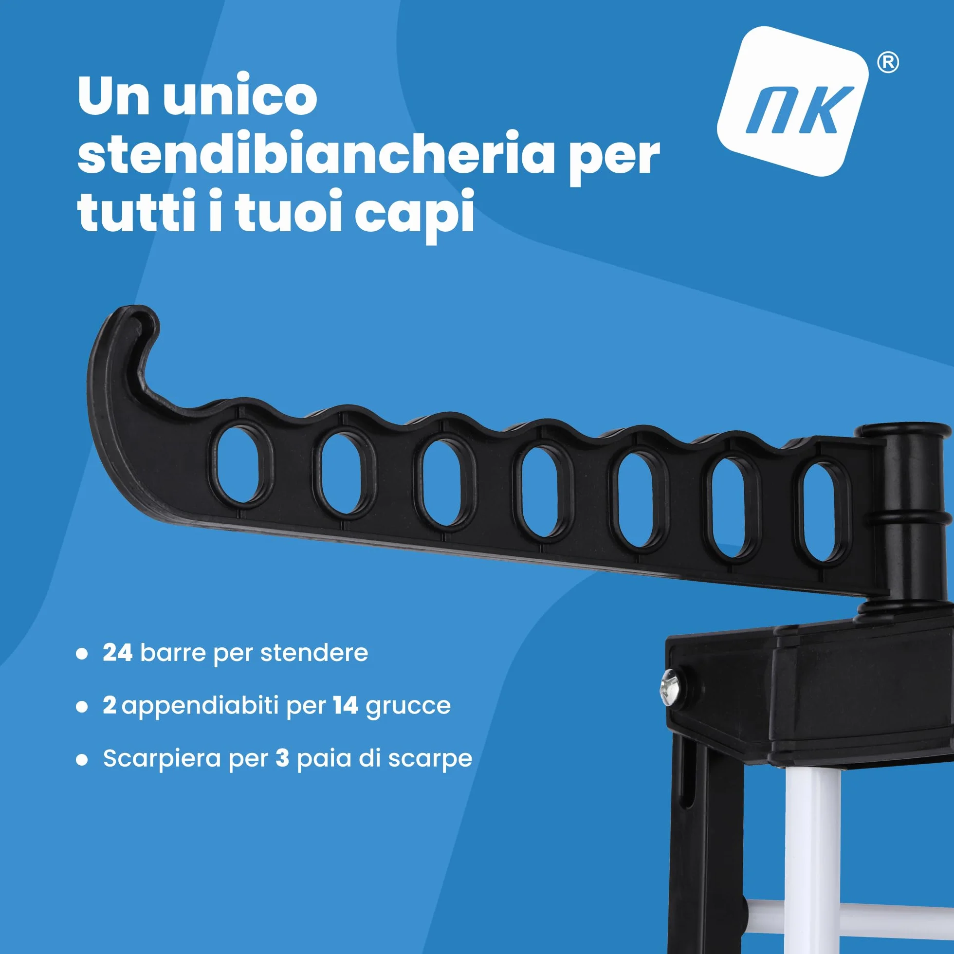 NK Stendino Verticale Salvaspazioa 4 Livelli - 6 Ripiani Retrattili + 2 Ali Laterali con Supporto per Grucce + Scarpiera, Ruote a 360°, Colore Nero e Bianco (19m di Biancheria)