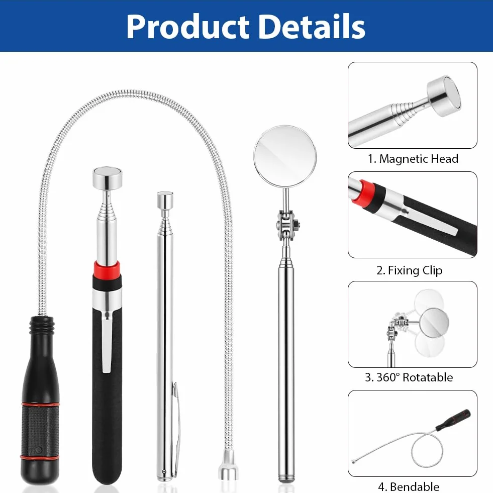 Flintronic 4 Pezzi Strumento Magnetico per Pickup, Acciaio Inossidabile Calamita Telescopica, Fino a 84 cm, Asta Telescopica Magnetica, per Chiavi, Monete, Viti, Penne e Oggetti Metallici