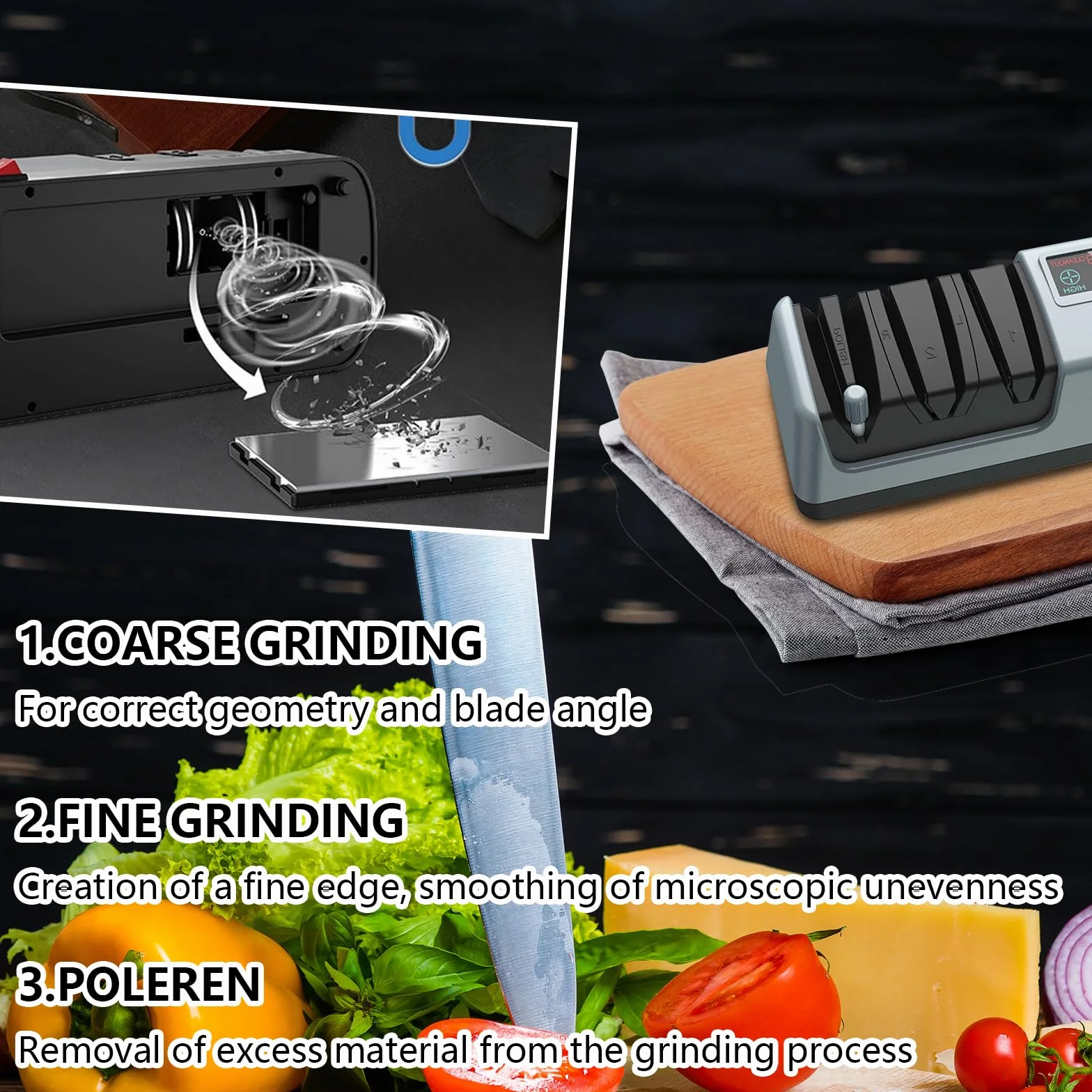 Affilacoltelli Elettrico, Affilacoltelli Professionale Diamantato Con Display LCD, Sistema Di Affilatura A 3 Stadi Con Diamante, Guida Angolare Di Precisione Per Affilatura Coltelli Da Cucina