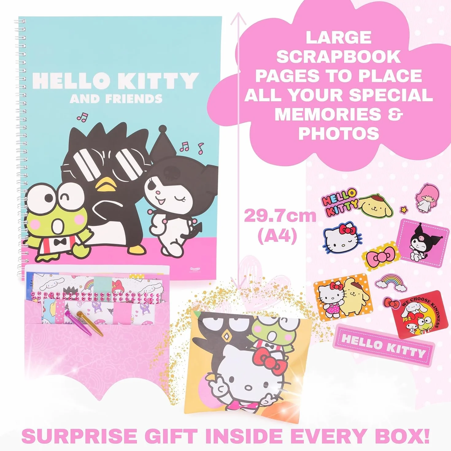 Toyland® Hello Kitty Scrapbook Set - Kit di attività creative da 520 pezzi con regalo a sorpresa incluso - Scrapbooking fai da te per bambini dai 3 anni in su