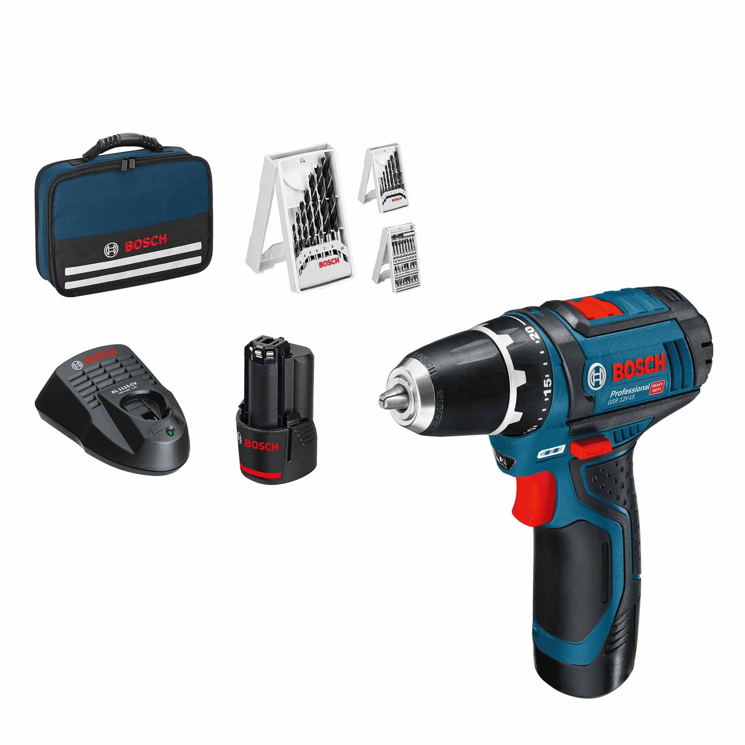 Bosch Professional Sistema 12V Trapano Avvitatore GSR 12V-15, Incl. Batteria 2x2.0 + Caricabatterie, Set Accessori 39 Pz., In Borsa, Amazon Exclusive Set