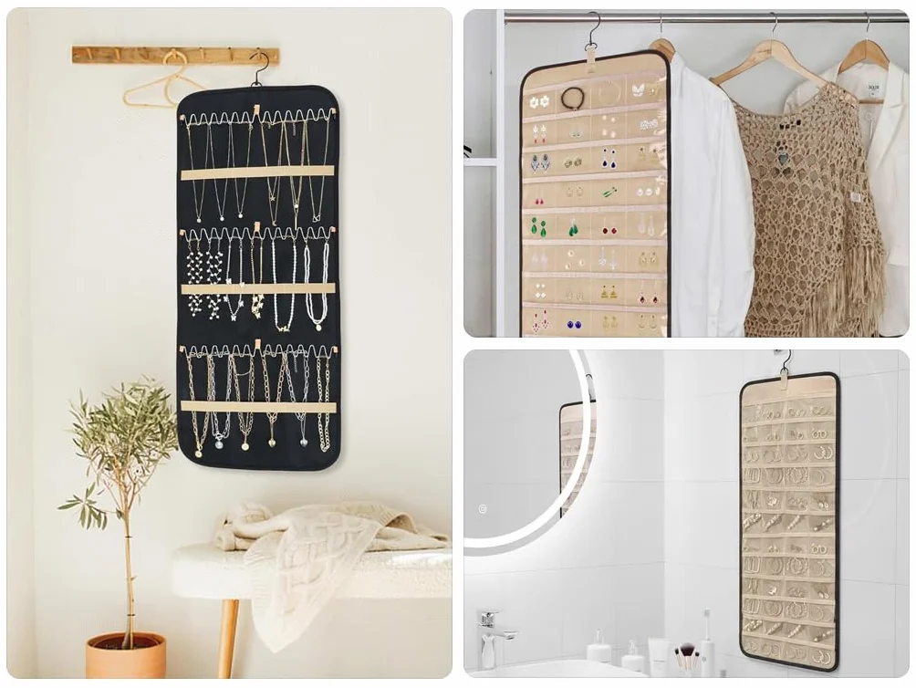 Hanging Jewelry Organizer per Armadio con 48 Tasche, Porta Collane e Orecchini con Ganci