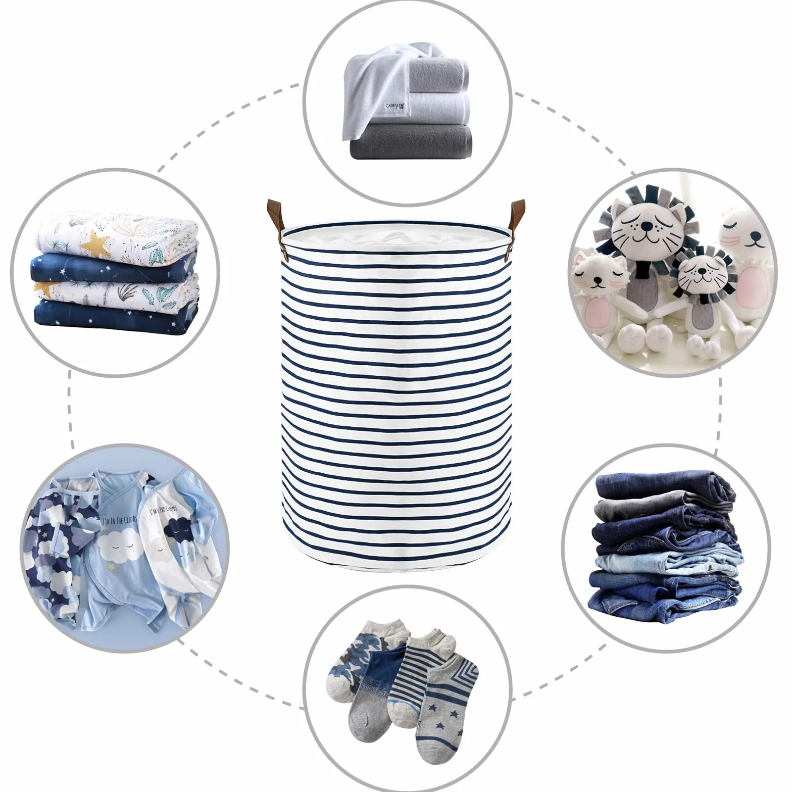 DOKEHOM 18-Inches Raggruppabili Round Stoccaggio Paniere, Cotone (Strisce Blu, M)
