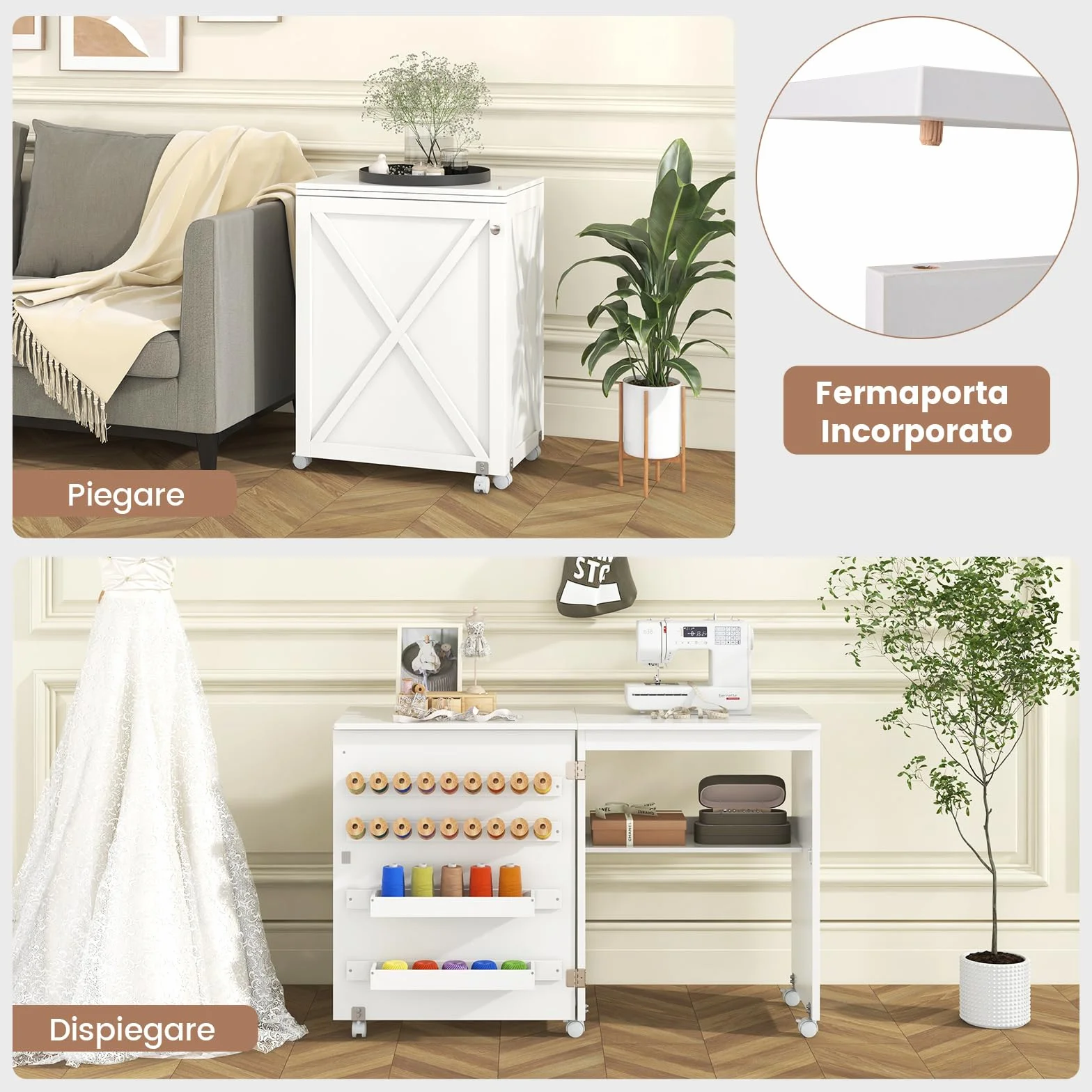 COSTWAY Tavolo per Macchina da Cucire Pieghevole, Tavolo per Cucito con Ripiano di Stoccaggio, 2 Vassoi, 18 Ganci, Porta a Impacchettamento e 5 Ruote Bloccabili per Spazi Ridotti (Bianco)