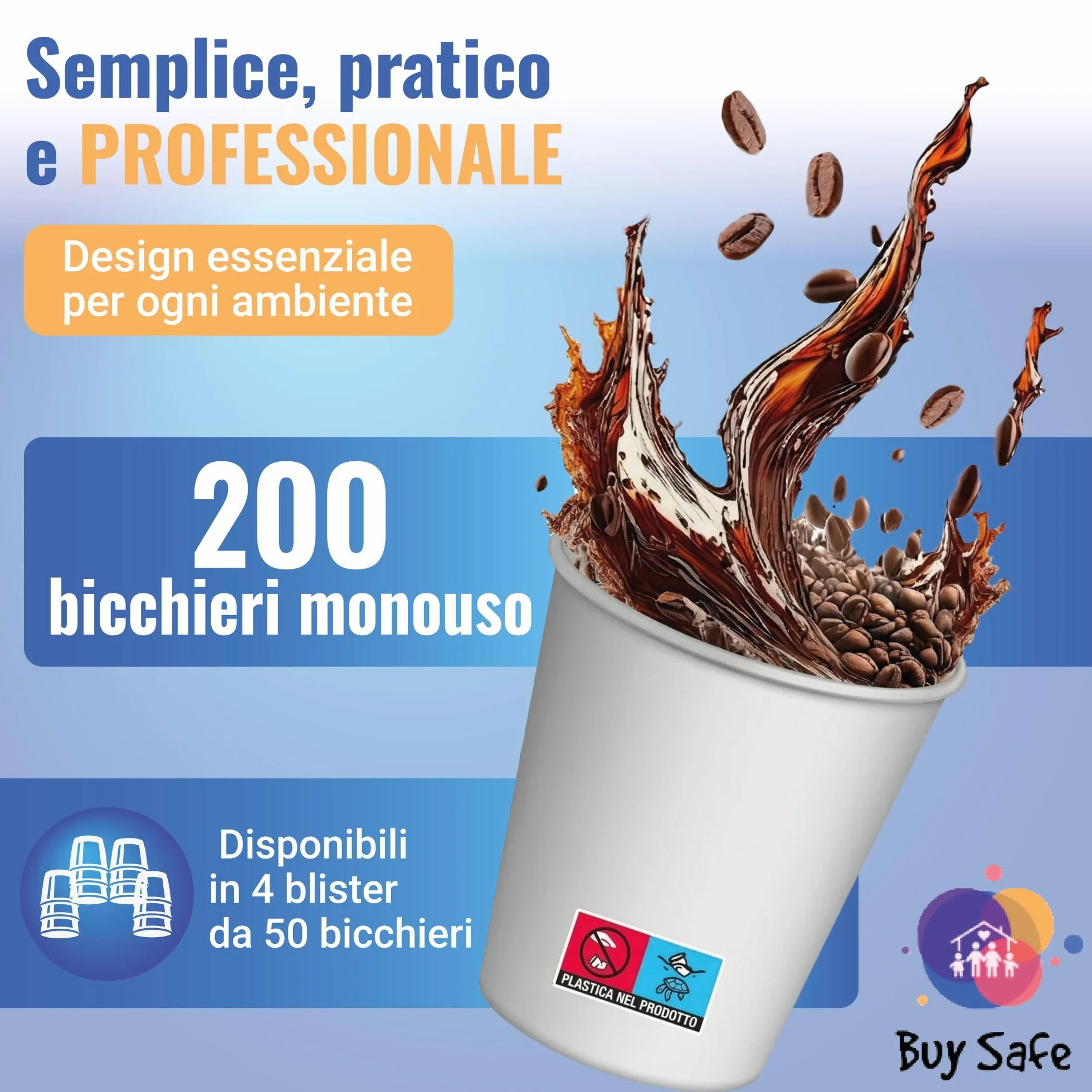 Bicchierini Caffe Carta 75 ml 200 Pezzi Usa e Getta Resistenti Riciclabili