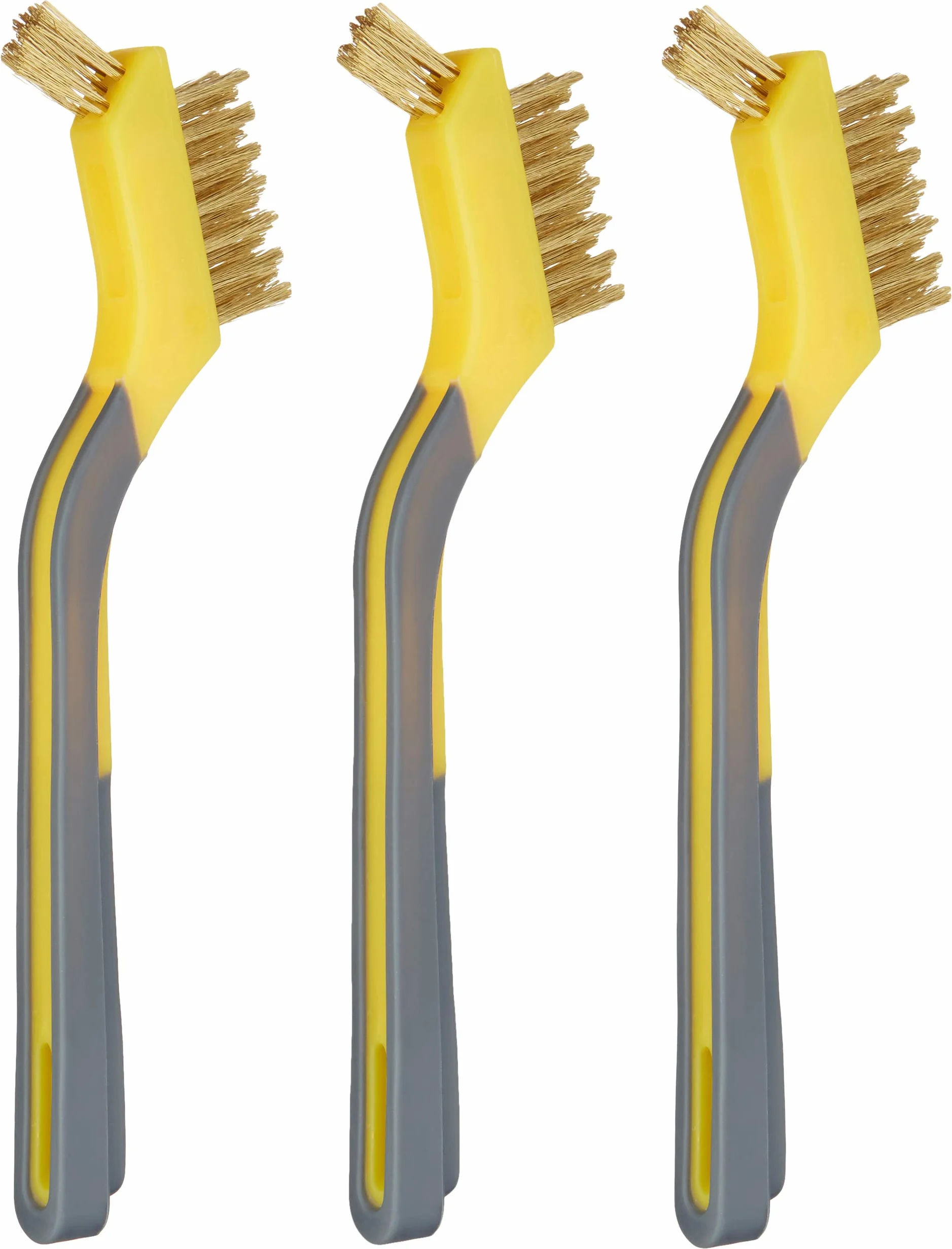 Amazon Basics Confezione da 3 mini spazzole in ottone, con impugnatura morbida, 12.7 mm, giallo/grigio, per pulire e rimuovere la ruggine