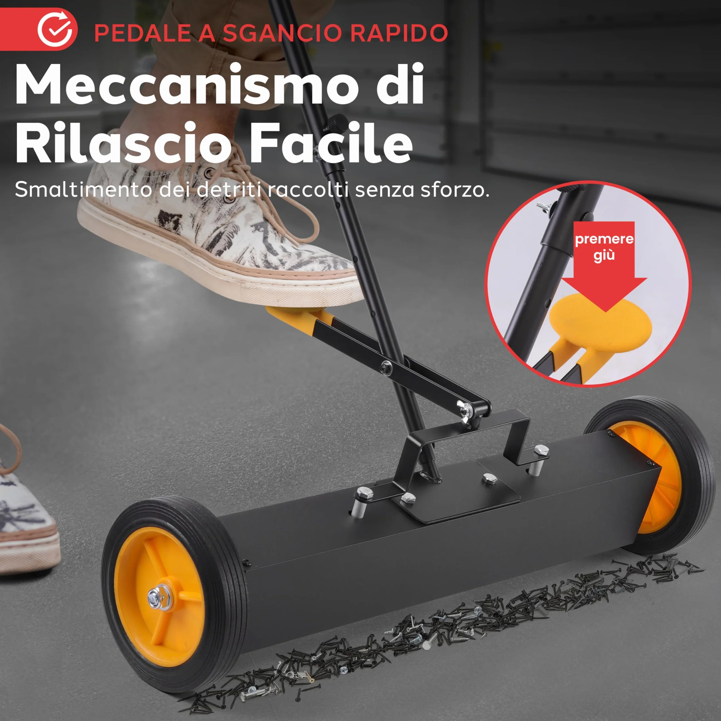 Pyle Spazzatrice Magnetica con Ruote 61 cm, Scopa Magnetica per Chiodi, Viti, Bulloni, Manico Regolabile, Raccoglitore Parti Metalliche per Uso Industriale e Commerciale, Nero/Arancione