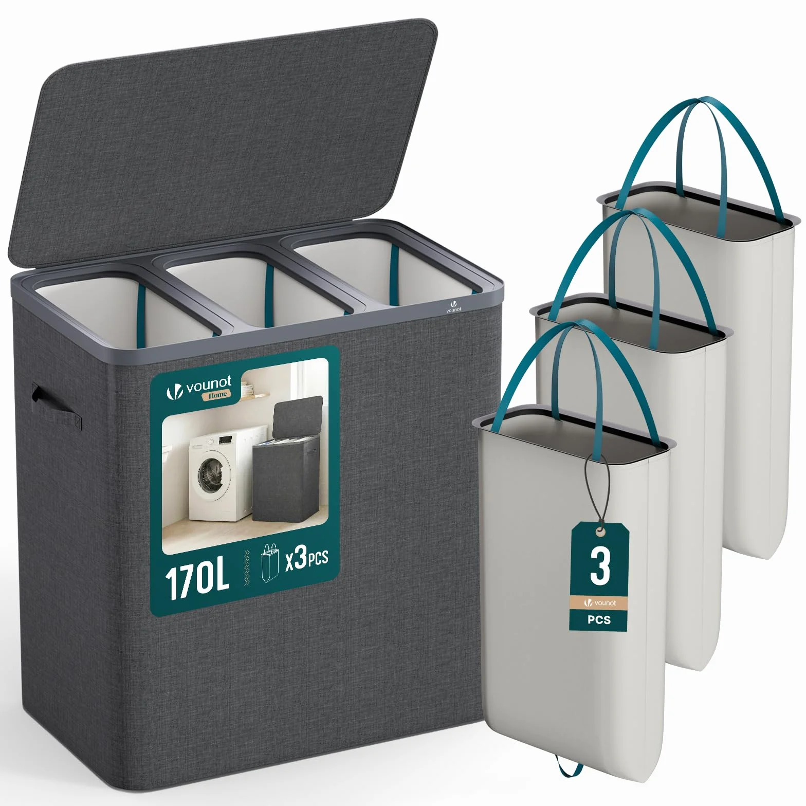 VOUNOT® Cesto Portabiancheria 170L Rettangolare a 3 Scomparti con Coperchio, Cesto Biancheria Grande Capacità con 3 Sacchi Rimovibili Autoportante e Manici, per Bagno, Camera e Lavanderia, Antracite