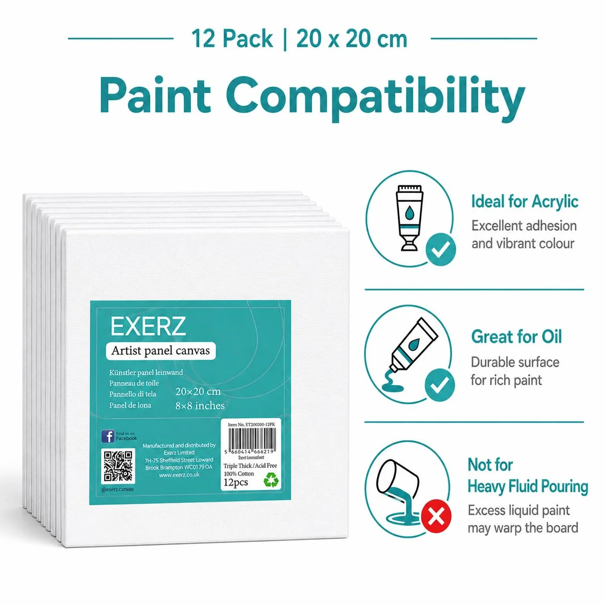 Exerz 20x20cm Pannelli in Tela 12pz - 3mm/ 280gsm/ 100% Cotone Cartoni Telati d’Artista Bianca per Pittura/Vuote/Tre Strati di Gesso/Prive di acidi/Grana Media - Olio o Acrilico