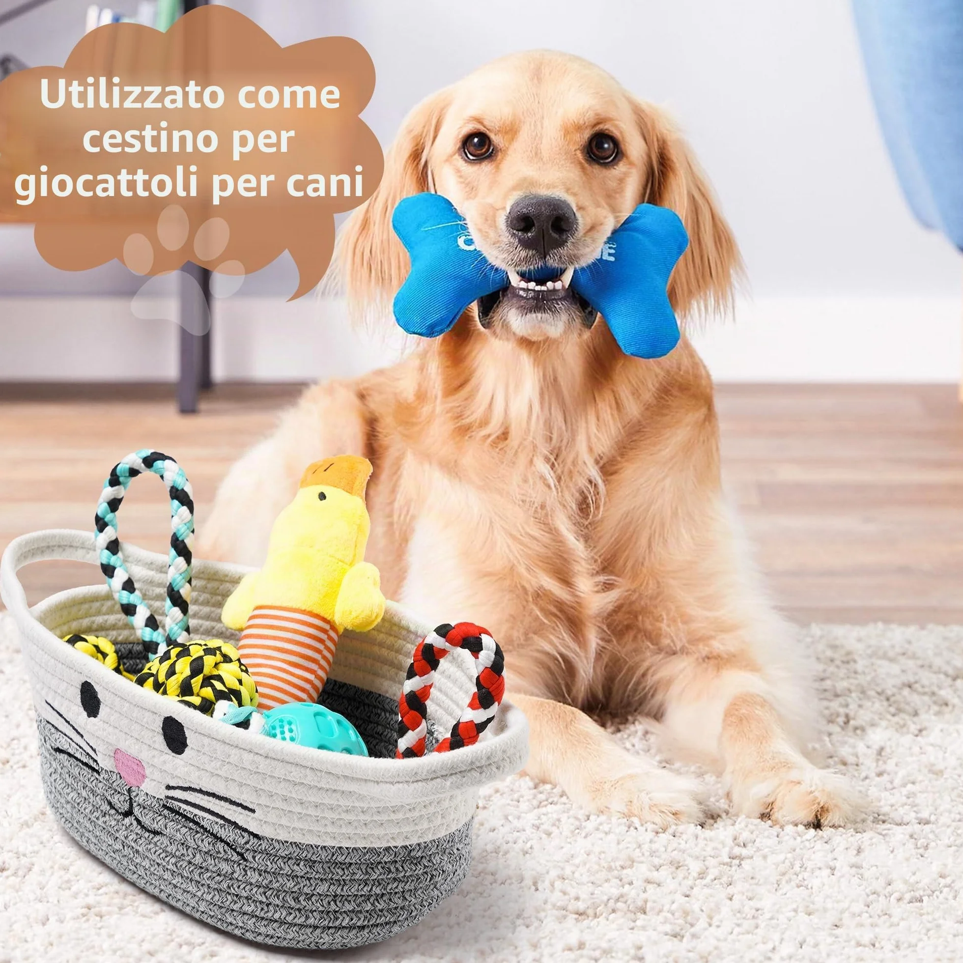 Cesto portaoggetti intrecciato in corda di cotone con manici – Cesto porta-giocattoli per bambini, Cestini portaoggetti per la cameretta dei bambini – Organizzatore di giocattoli per animali domestici
