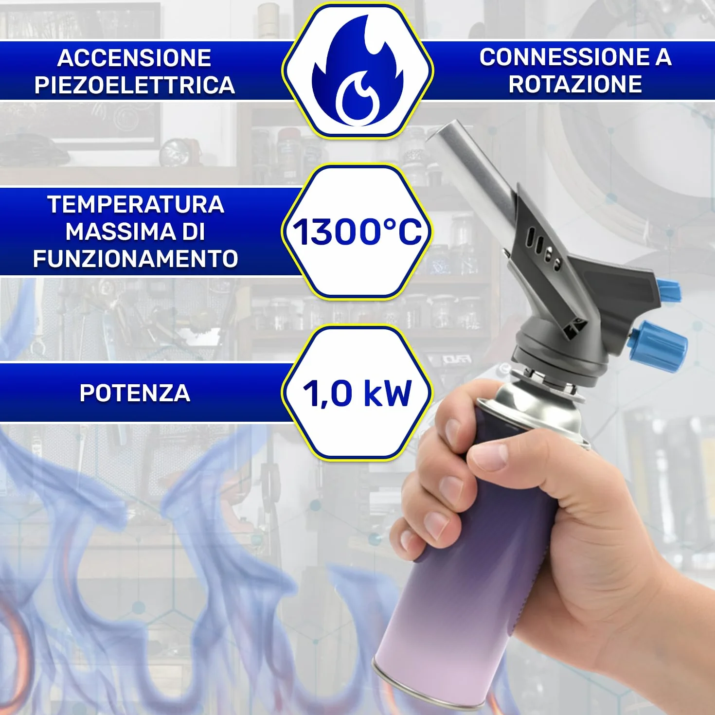 Cannello a Gas Portatile Professionale 1,0 kW 1300°C con Accensione Piezoelettrica e Attacco Tipo TWIST - Bruciatore a Gas Butano Adatto per Saldatura e Come Cannello da Cucina - MONTERAL