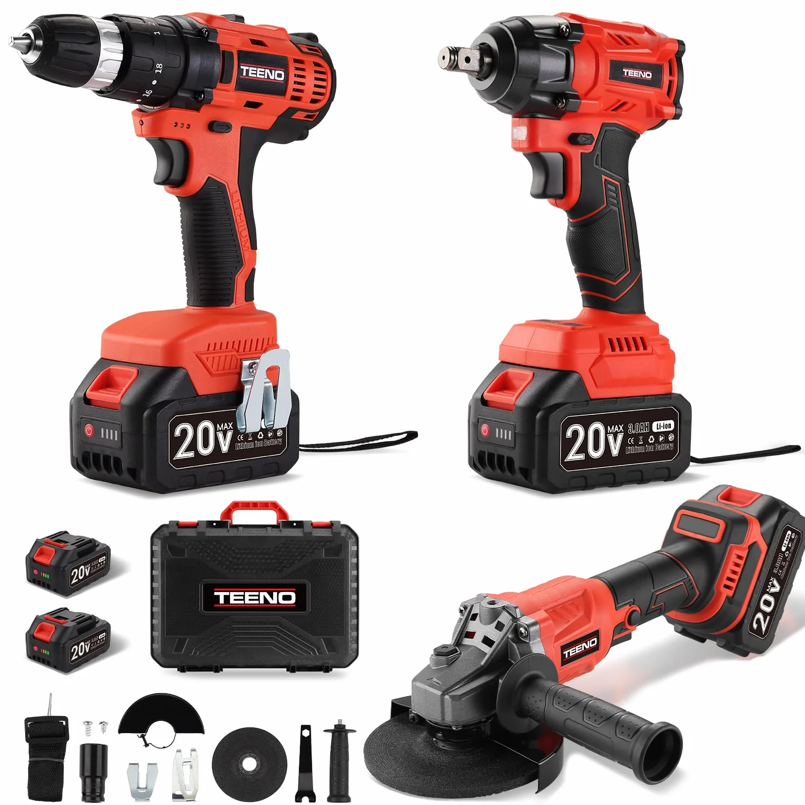 Kit utensili TEENO da 3 pezzi (avvitatore a impatto a batteria senza spazzole + trapano a percussione + smerigliatrice angolare senza spazzole), Batterie da 20 V e 3 Ah*2