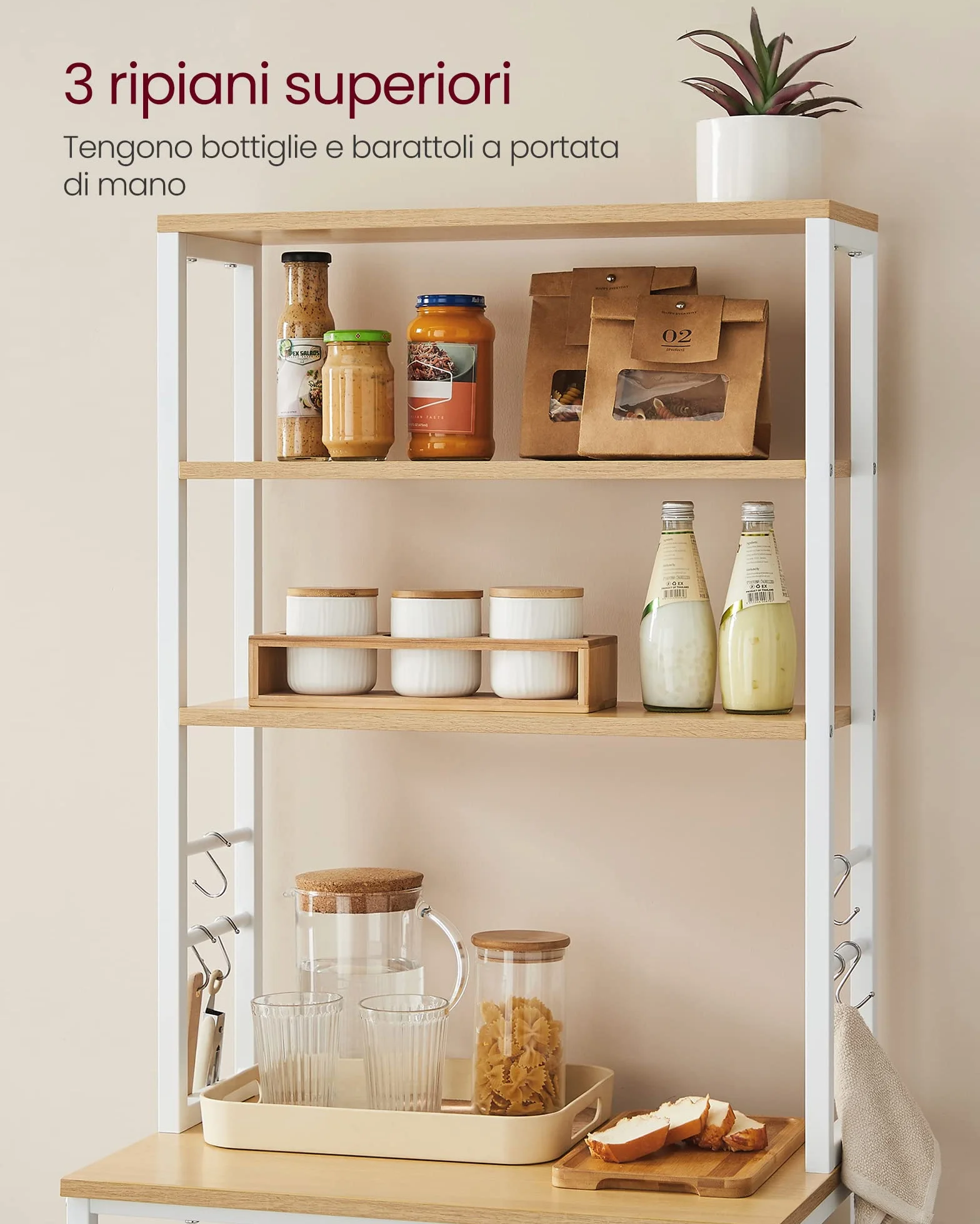 VASAGLE Scaffale Cucina, Mobile Cucina, Scaffale per Microonde, 6 Ripiani, 6 Ganci, Struttura in Acciaio, Stile Rustico, 40 x 60 x 167 cm, Rovere Dorato e Bianco Nuvola KKS024W09