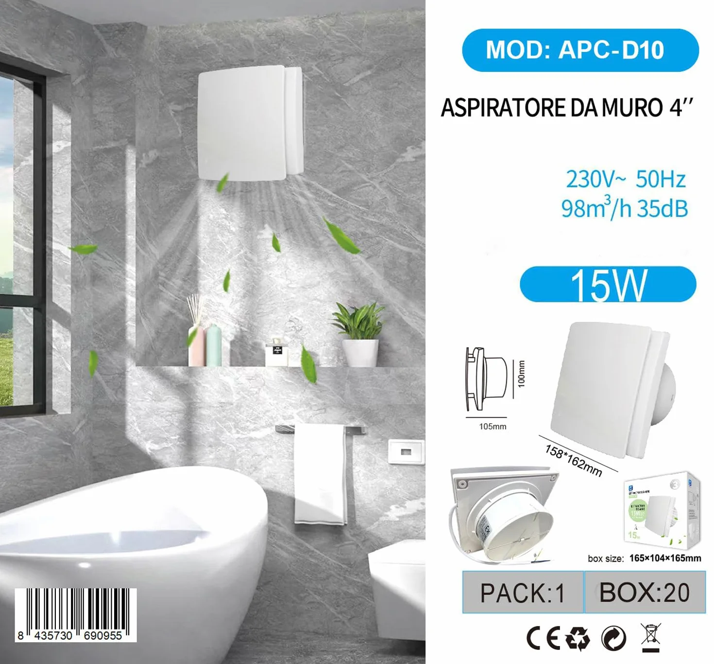 Aspiratore Bagno Estrattore Aria 162x158mm Foro 100mm 15W 230V 98m³/h 35dB