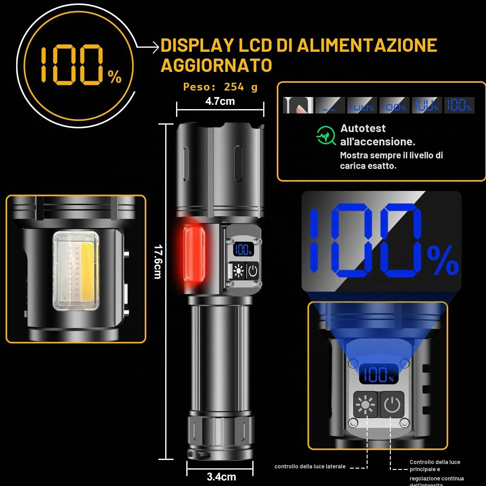 Torcia LED Potente Professionale 1000000 Lumens, Torcia LED Ricaricabile USB C, Torce LED Alta Potenza Ricaricabili, 9 Modalità, Con Luce Laterale COB, Per Campeggio Trekking Emergenza