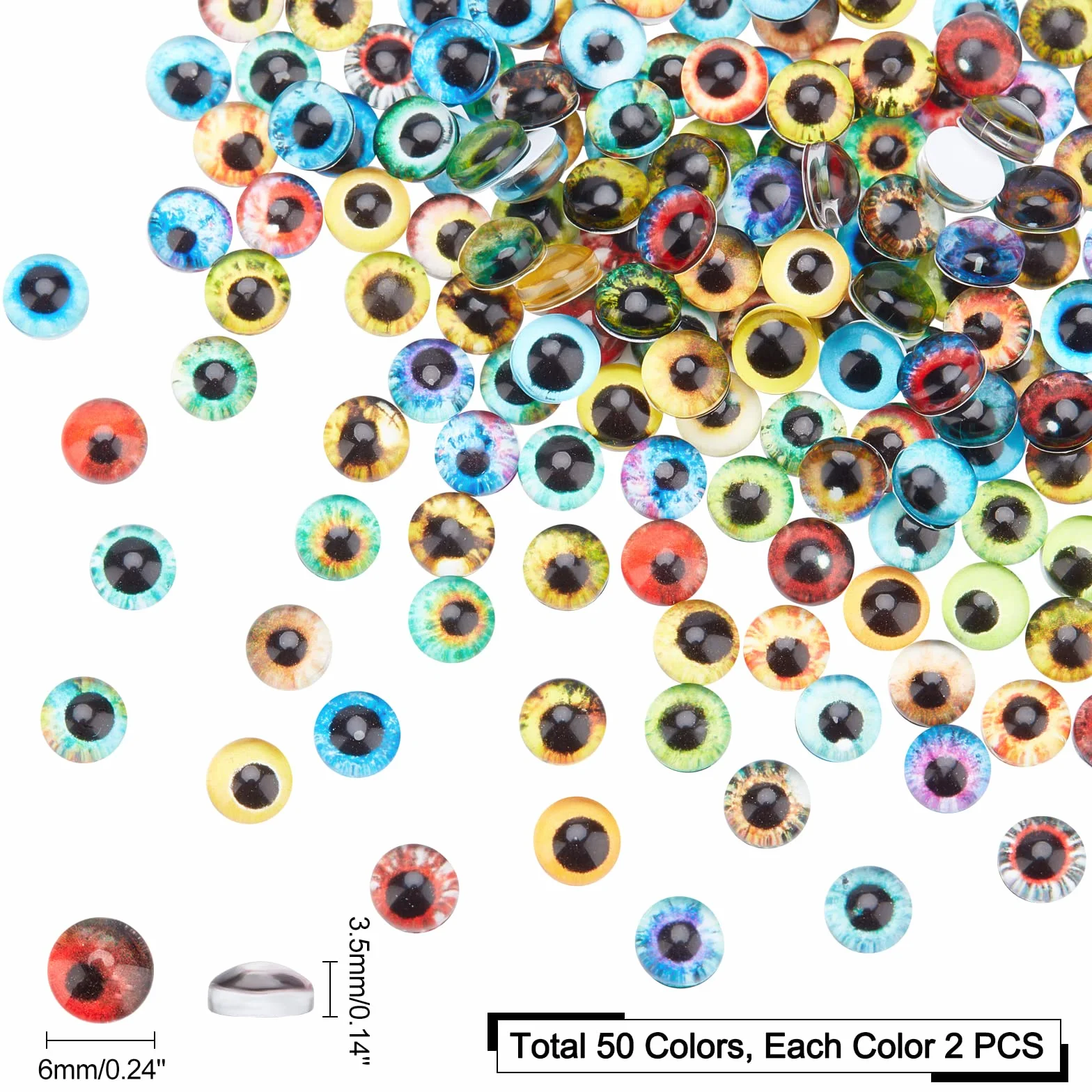 PH PandaHall 200pz Animale Occhio Cabochon in Vetro 50 Colori Occhi di Drago, 6mm Cabochon in Vetro Gatto Gufo Uccello Occhi di Pupilla Gemme Rotonde per Foto Vassoi Pendenti Halloween