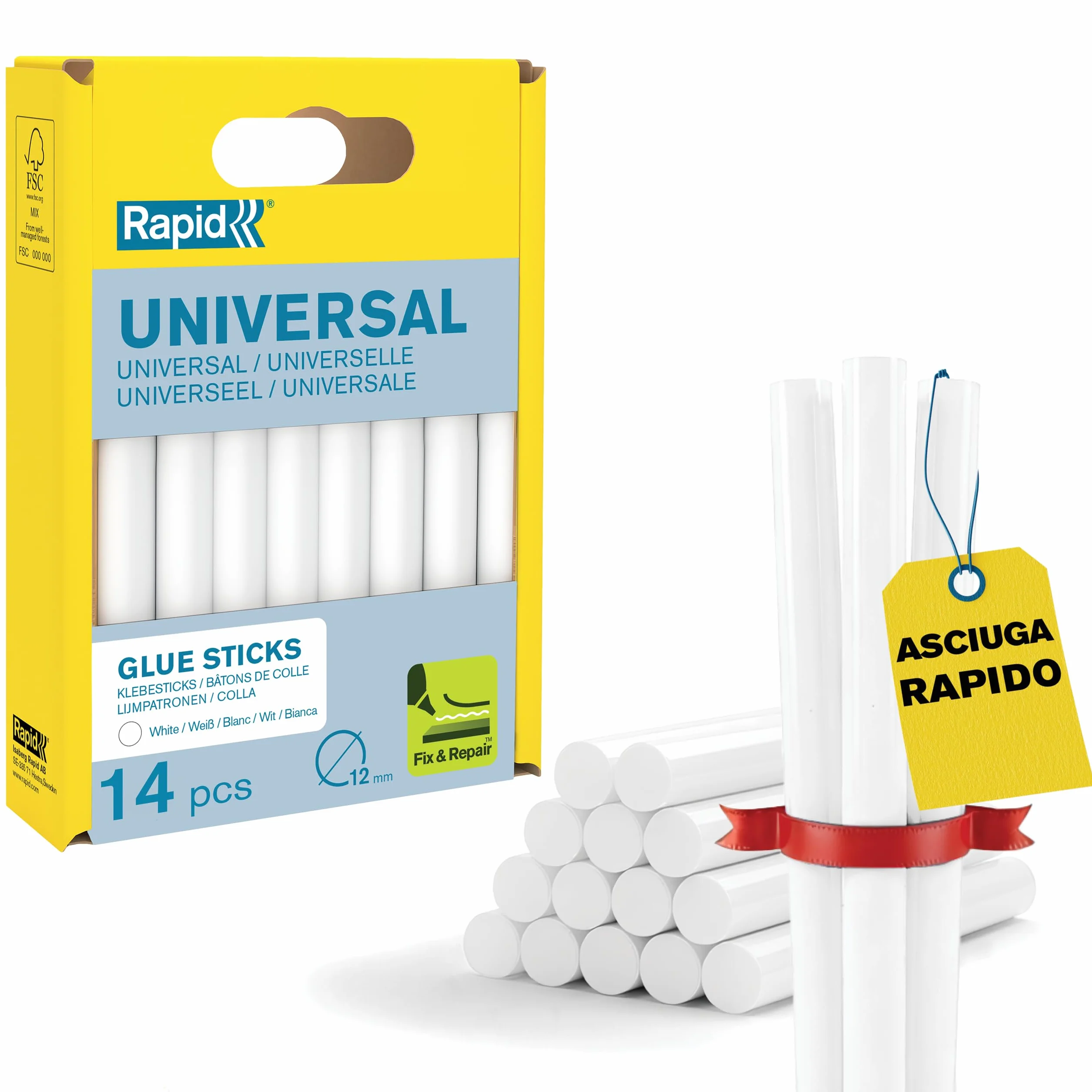 Rapid Confezione da 14 Stick di Colla Universali, Diametro 12 mm x 94 mm, Colore Bianco, Contiene Alti Livelli di Resina, Senza Solventi, Incollaggio Rapido (40107355)