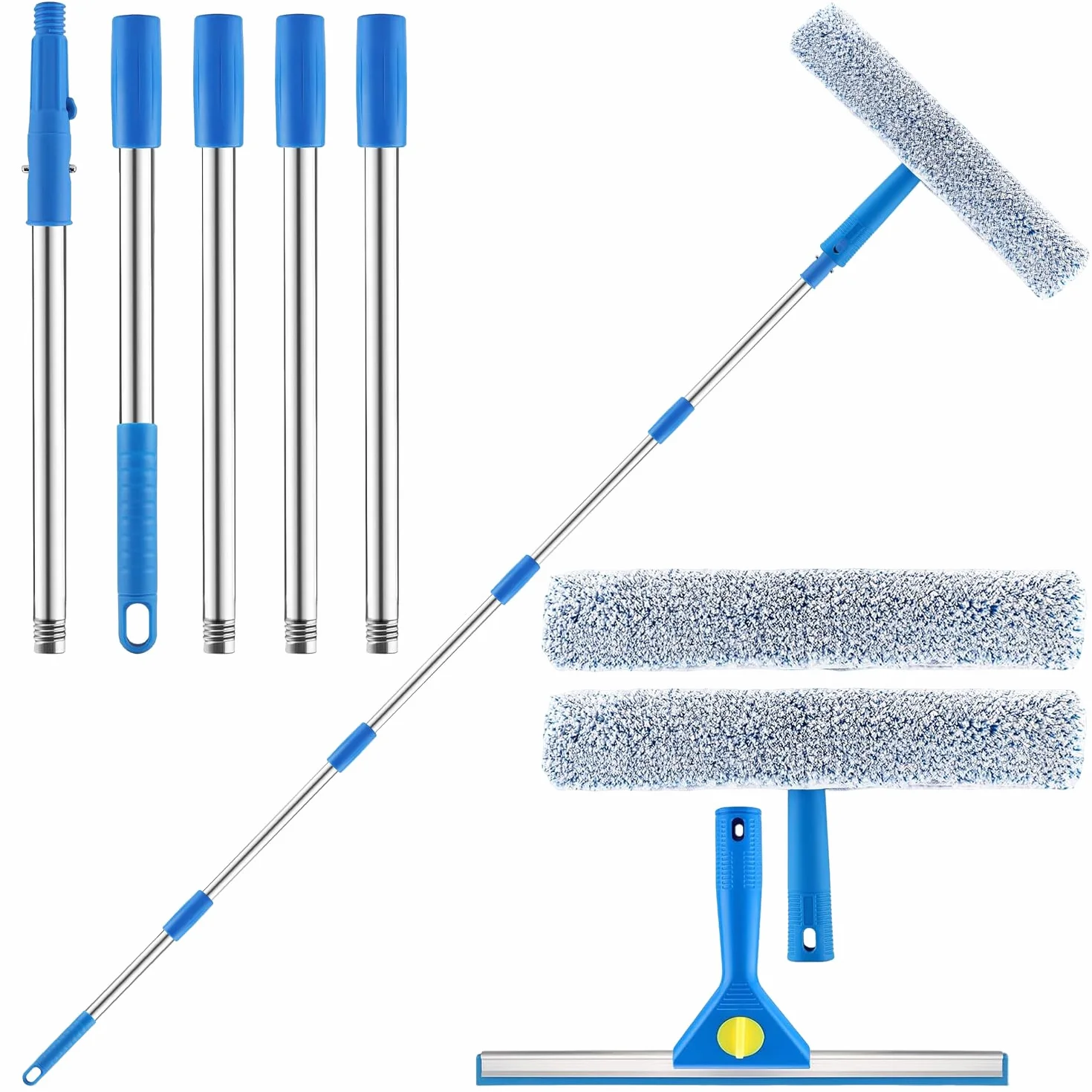 Lavavetri Con Manico Telescopico (215cm), 2 in 1 Con Tergivetro in Silicone + Lavavetri in Microfibra, Strumenti per la Pulizia dei Vetri per Bagno, Doccia, Specchi, Auto, Vetro, Finestre