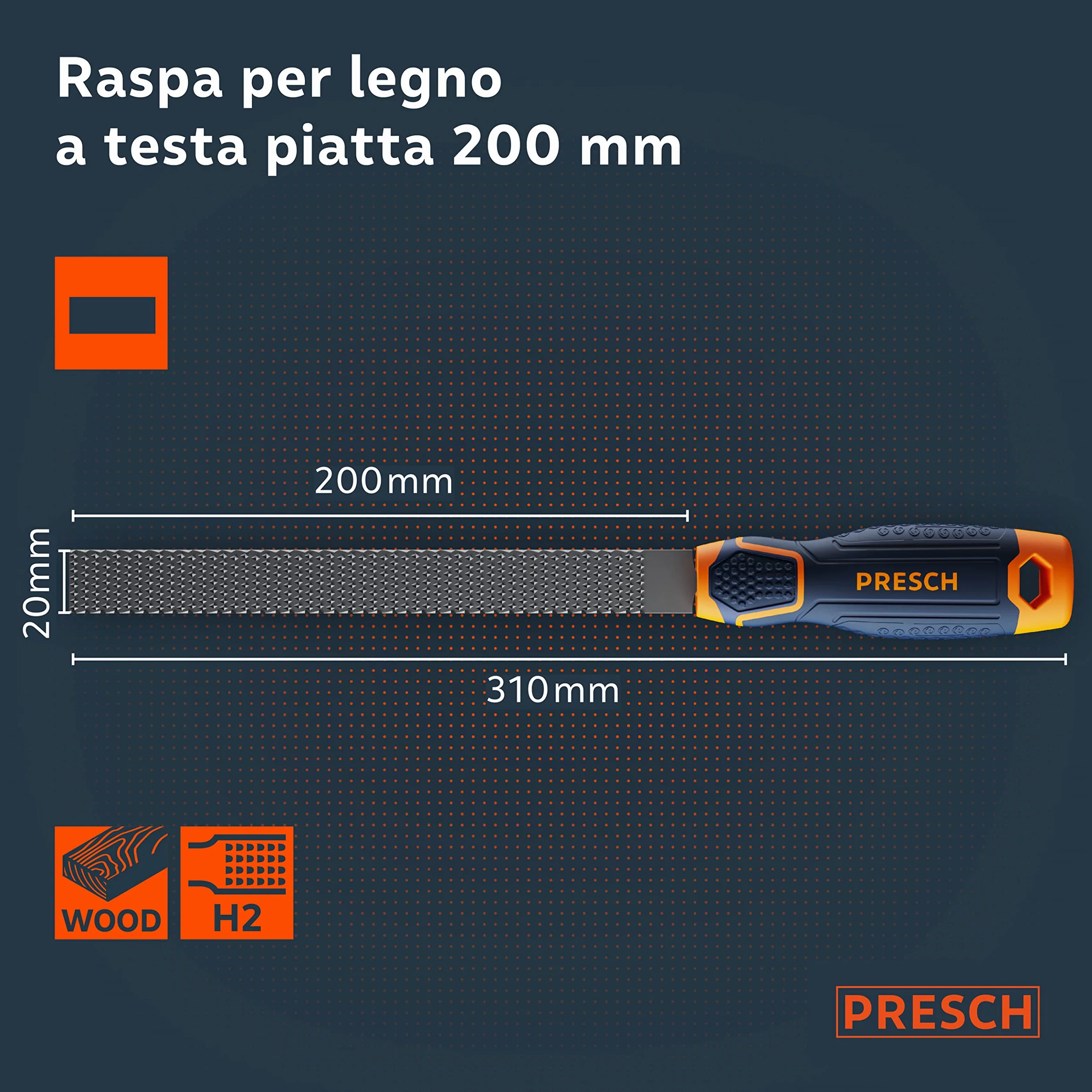 Presch Raspa per legno a testa piatta 200 mm - Raspa di alta qualità con taglio bilaterale H2 per la lavorazione di bordi puliti in legno duro o tenero - Lima per legno professionale