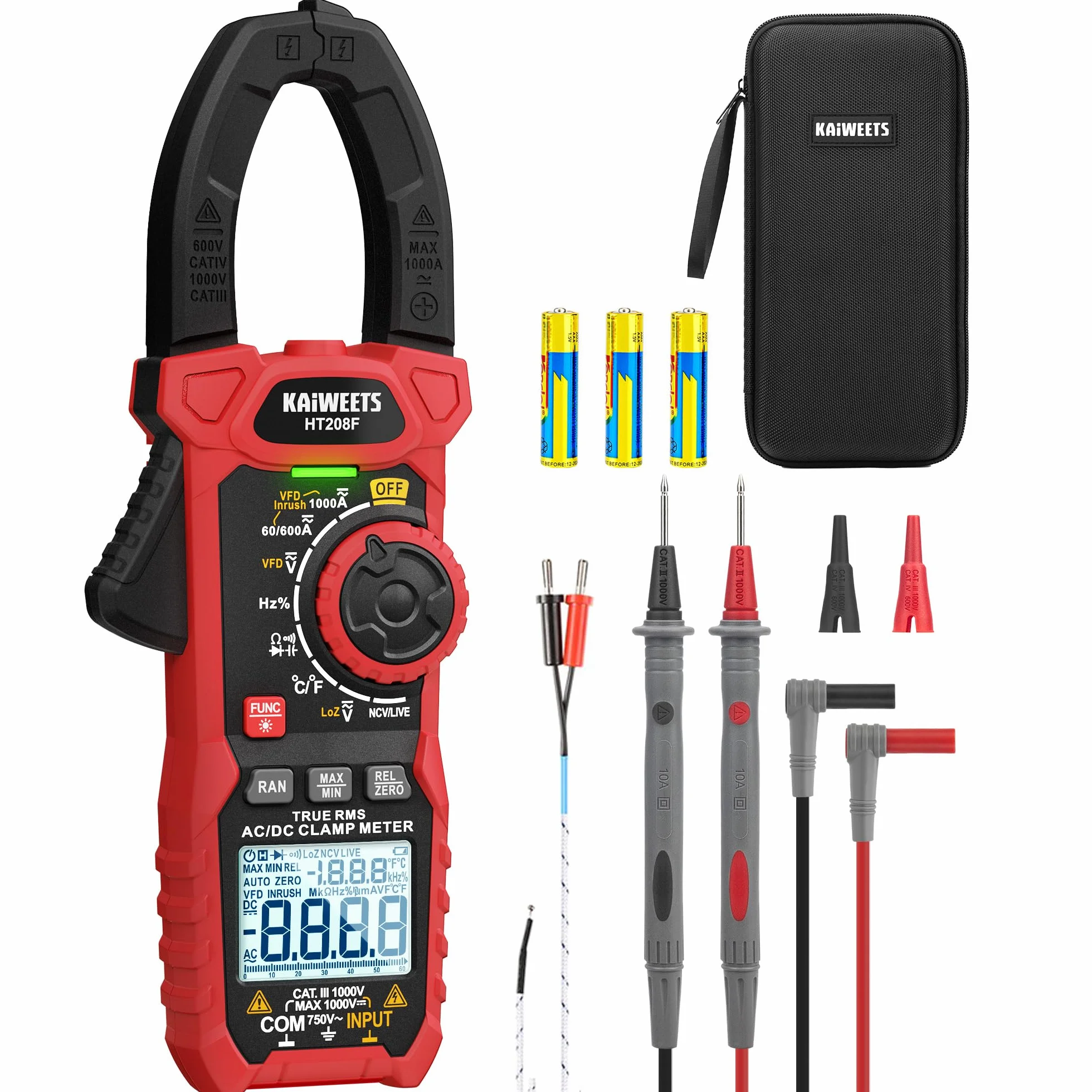 Pinza Amperometrica KAIWEETS AC/DC 1000A, Amperometro Digitale Con Conteggio 6000, Modalità VFD e LOZ, Schermo Bianco e Nero Aggiornato, AC/DC, Resistenza, Capacità, Misurazione Di Sovracorrente