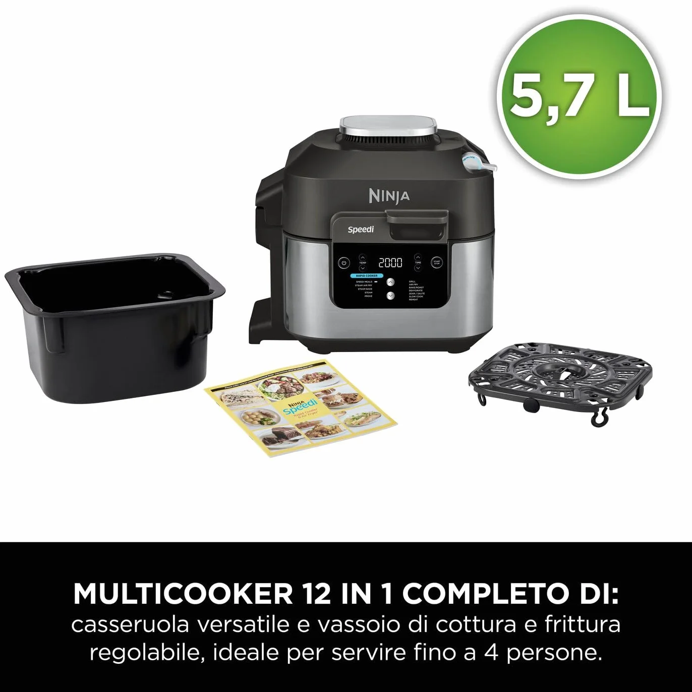 Ninja Speedi Pentola Elettrica Rapida 10 in 1, Friggitrice ad Aria, 5,7 l, Pasti per 4 in 15 Minuti, Frittura ad Aria e Cottura al Vapore, Idea Regalo Natale, Nero, ON500EU