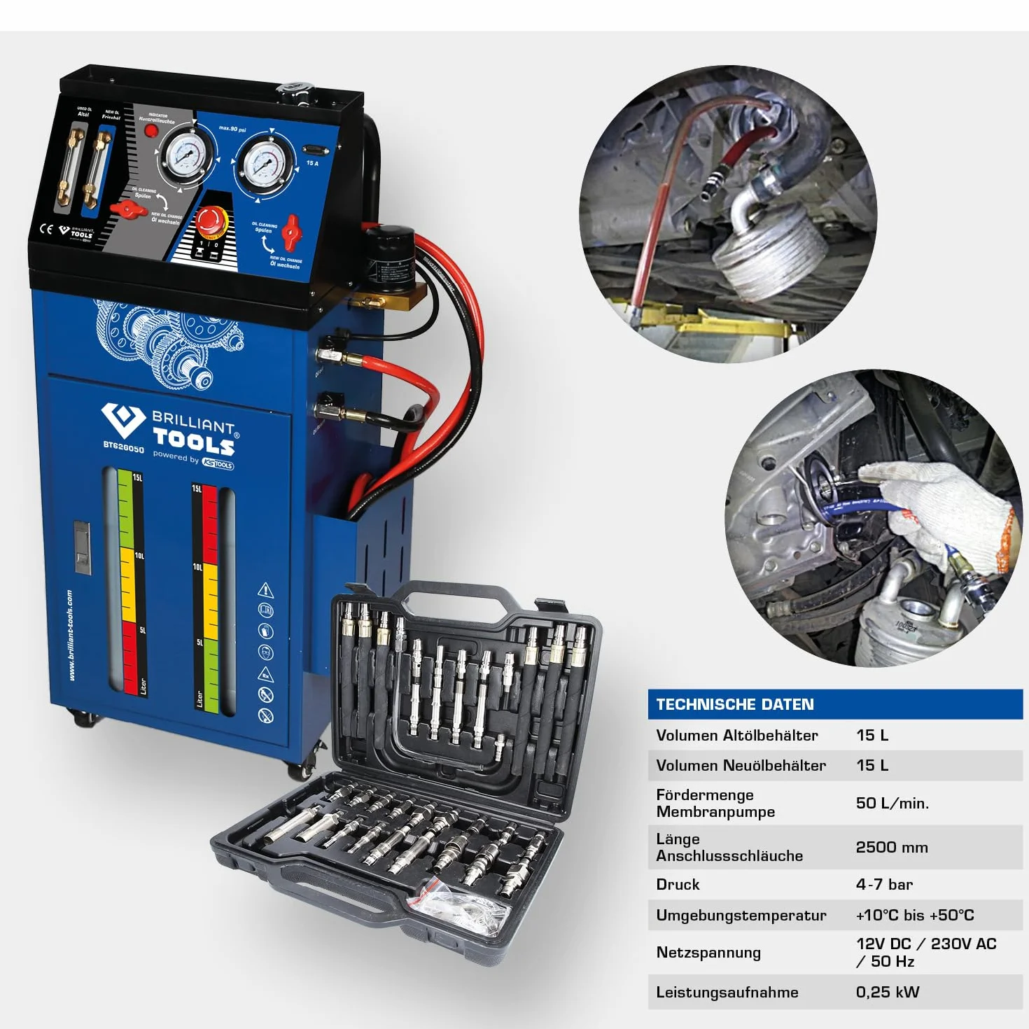 BRILLIANT TOOLS BT626050 Dispositivo di lavaggio della trasmissione per il cambio automatico inclusa serie di adattatori da 35 pz [Powered by KS TOOLS]