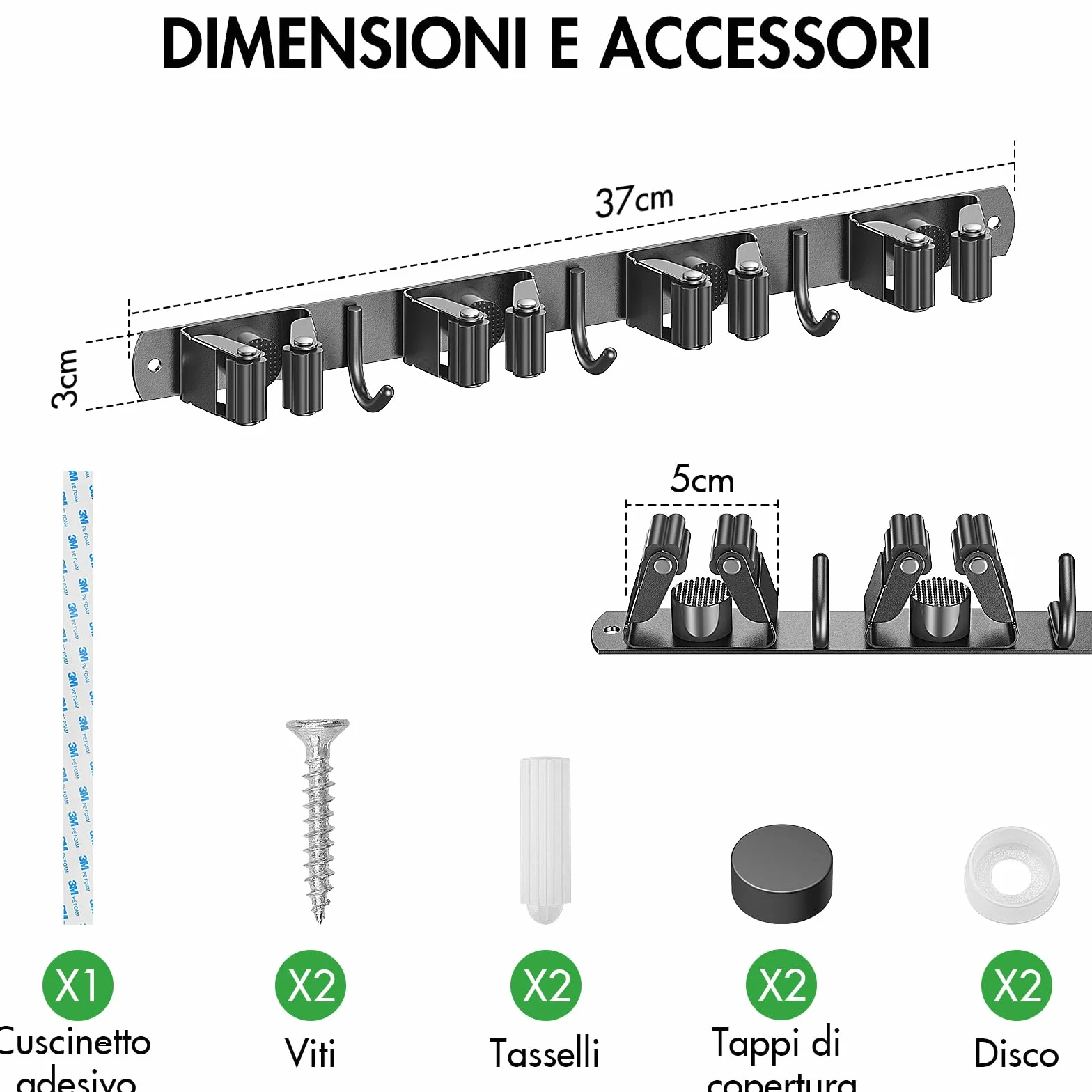 Porta Scope Parete Autoadesivo Acciaio Inox con 4 Supporti e 3 Ganci, Nero
