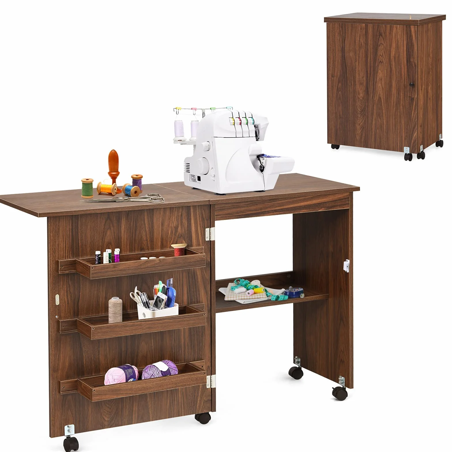 RELAX4LIFE Mobiletto per Macchina da Cucire Pieghevole su Ruote Bloccabili, Tavolo da Cucito in Legno con Ripiani Portaoggetti, Tavolino Cucito Multiuso da Studio e Salotto, 117,5x 40x 77cm (Marrone)