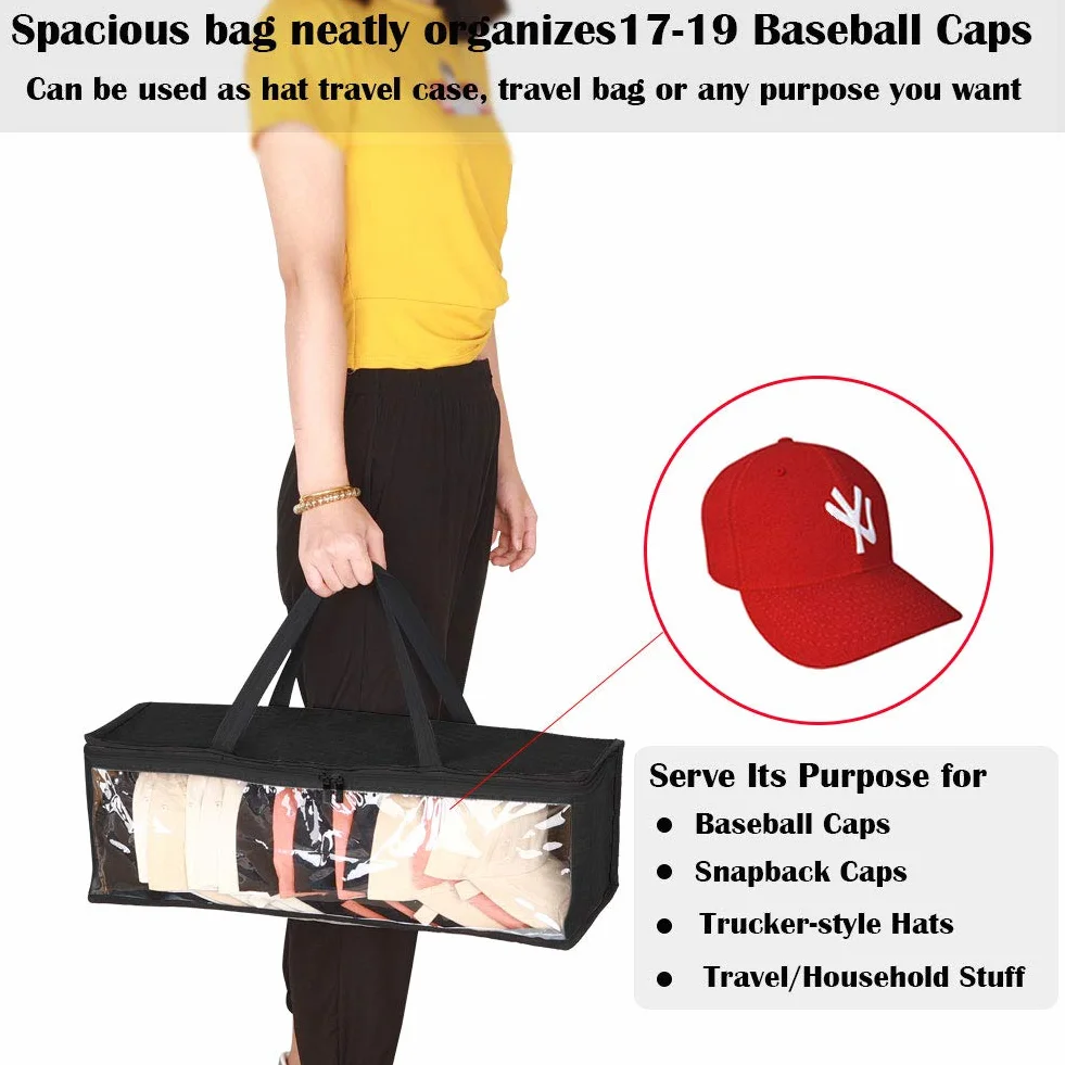 organizer per cappelli da baseball, borsa per berretti da baseball, plastica trasparente, manici neri e chiusura a cerniera, resistente alla polvere, 50 cmx15.8 cmx15.8 cmx18.8 cm (nero)