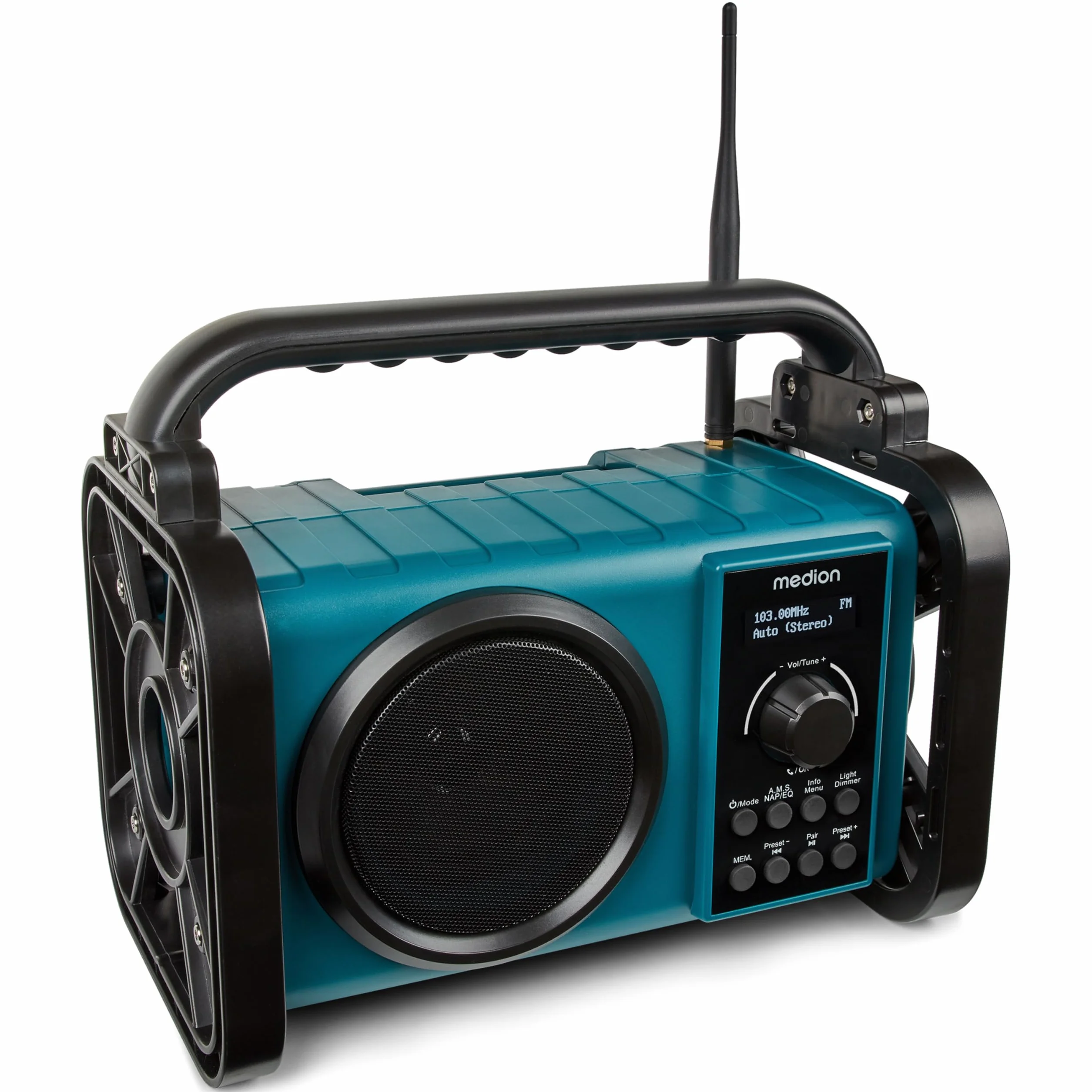 MEDION E66877 Radio da cantiere DAB+ (custodia robusta, resistente agli spruzzi (IP44), Bluetooth 5.0, radio FM PLL, luce di lavoro a LED, funzionamento a batteria e a rete) blu