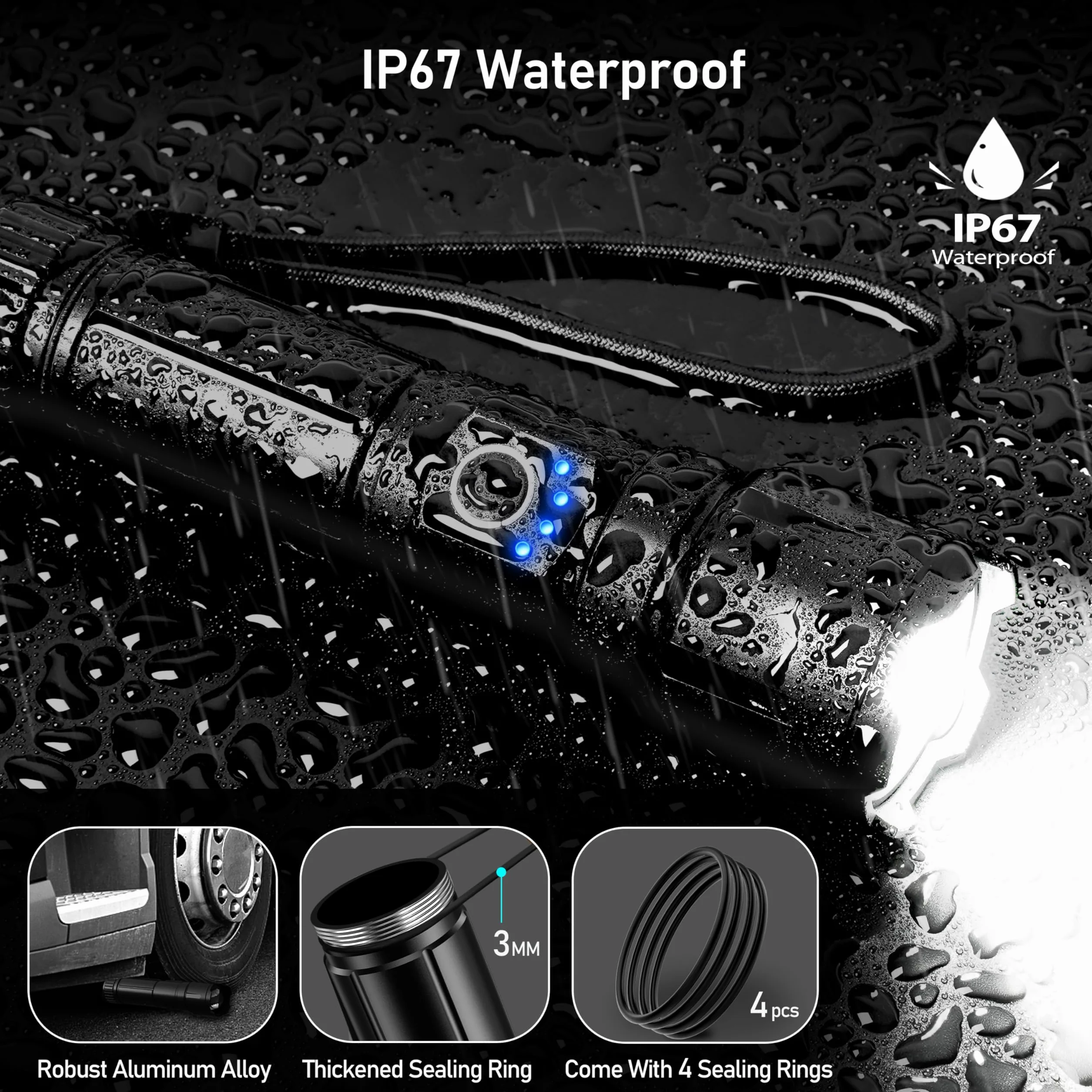 Blukar Torcia LED Potente Professionale, Ultra Alto Lumen Super Luminoso Zoomabile Torcia Alta Potenza, Ricaricabile, 5 Modalità, IP67 Impermeabile Flashlight per Campeggio/Pesca/Emergenza/Trekking