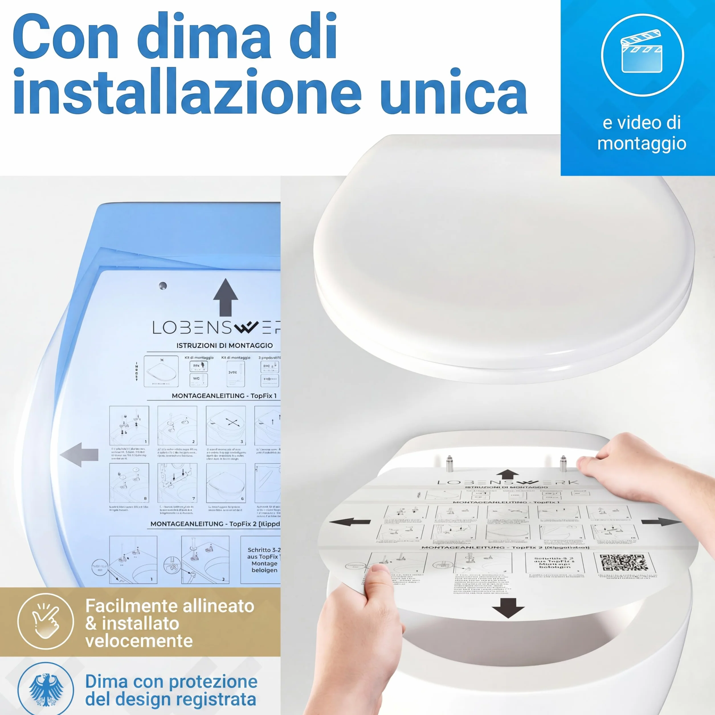 LOBENSWERK Tavoletta WC [Montaggio Facile] antibatterica e resistente UV | Funzione Quick Release | Copriwater Universale, Sedile WC, Copriwater, Asse WC con Dima di Installazione