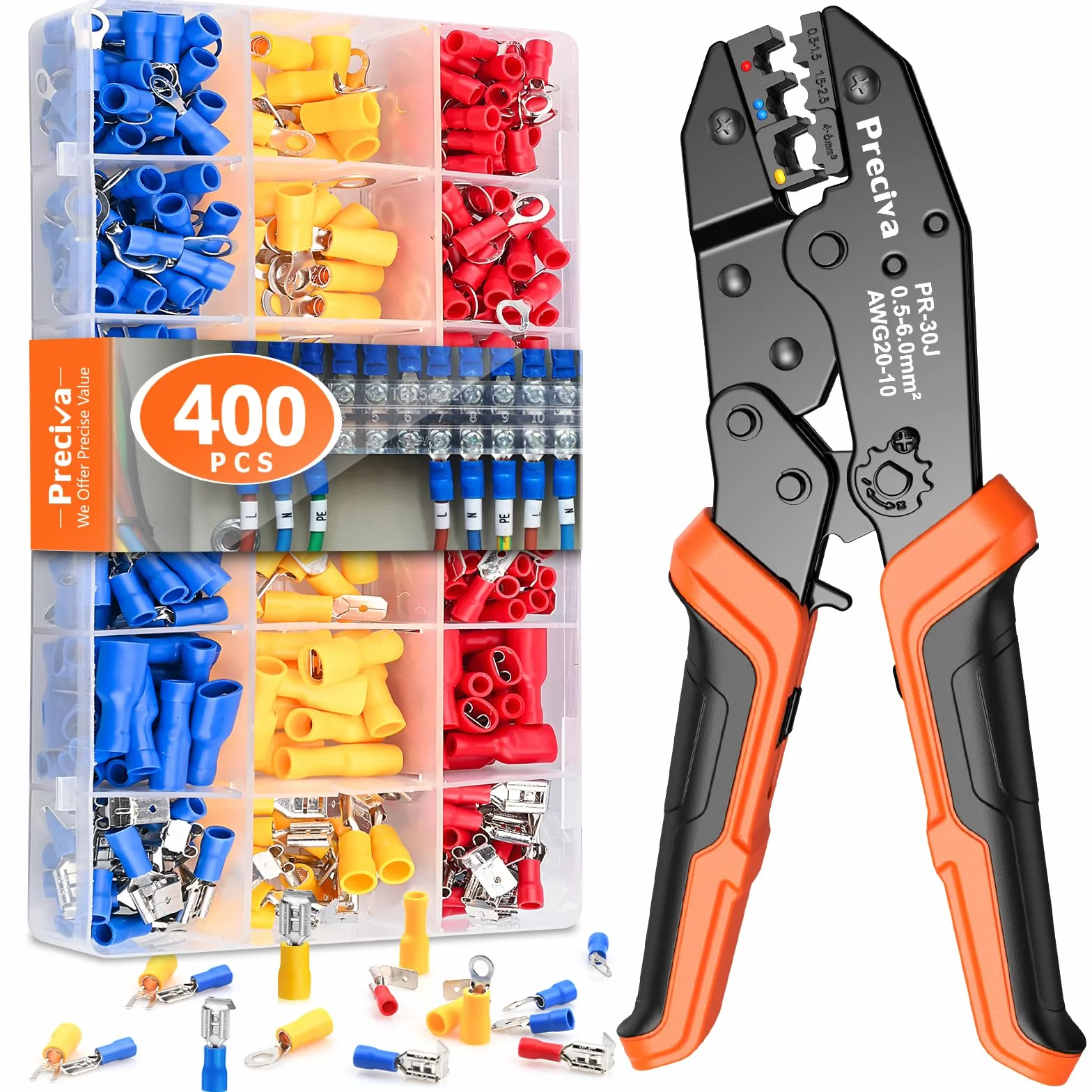 Preciva Kit Completo di Pinze Crimpatrici Profesionali, 18 Modelli [0,5-6 mm²], per Cavi Elettronici e Telecomunicazioni, con 400 Connettori Crimpati Inclusi, Set da Crimpatura Elevata Qualità