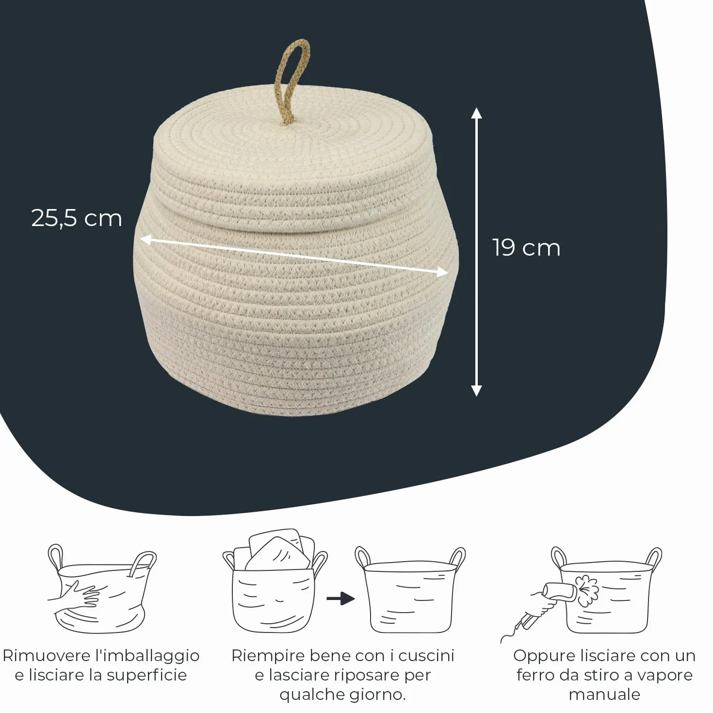 HMF Cesto portaoggetti rotondo per il bagno, con coperchio in cotone, altezza 25,5 x 19 cm, colore crema