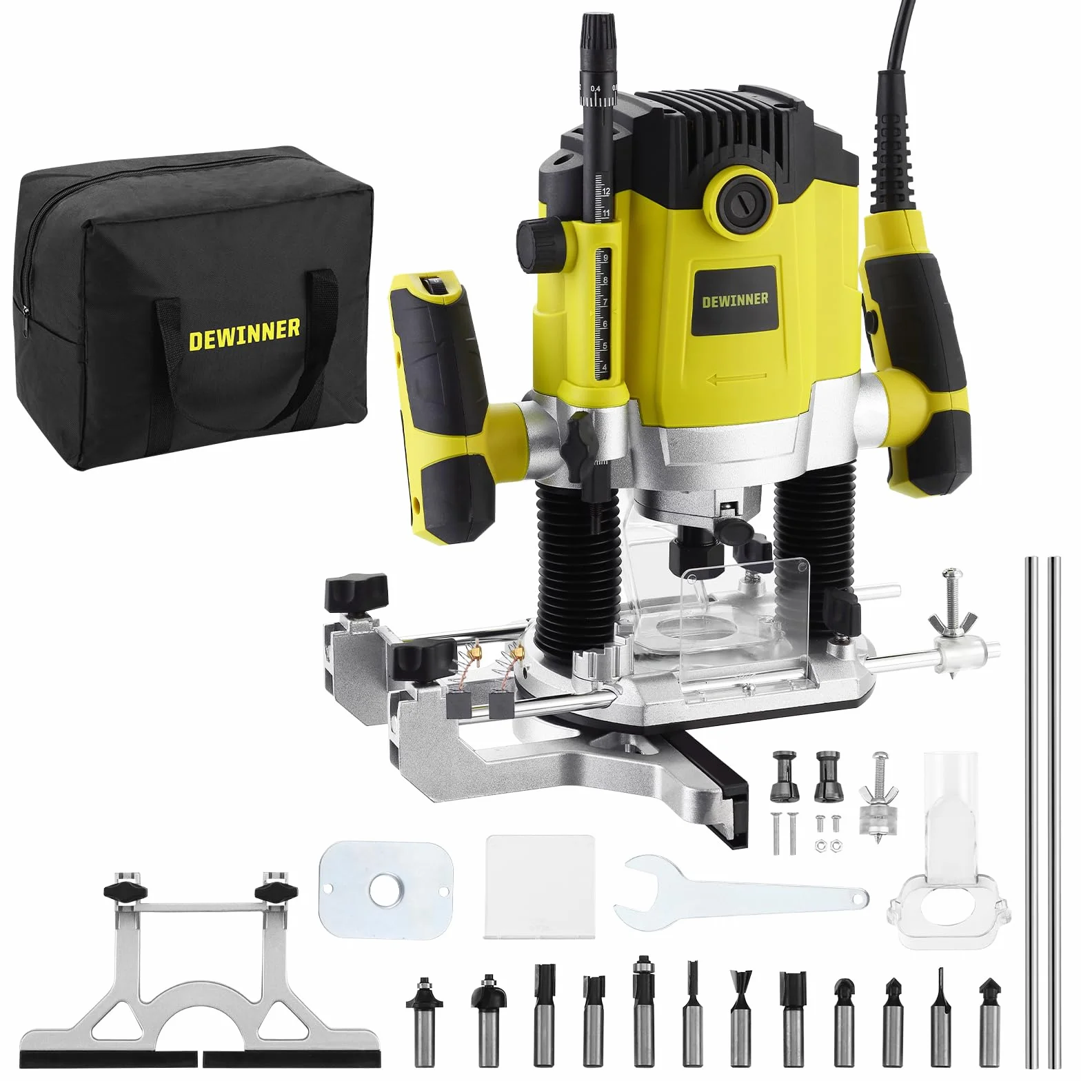 Fresatrice Verticale Legno 1800 W 10000-26000 giri/min DEWINNER, Fresatrice per Legno con Set di 12 frese,7 Velocità,Pinza 6/8/12 mm, Regolazione Della Profondità Della Fresa, Borsa di Tela